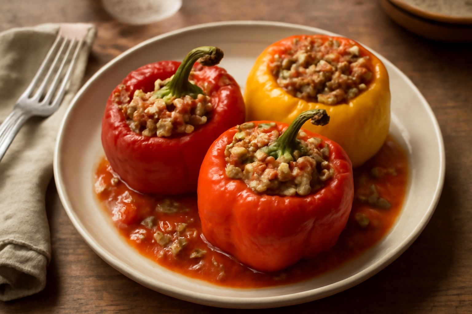 Tre peperoni rossi ripieni di carne macinata e riso, cotti in umido in una pentola di terracotta con sugo di pomodoro, visti da vicino