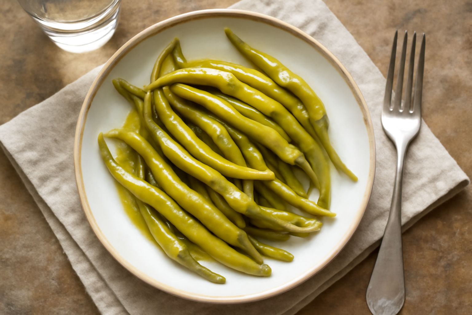 Vasetto di vetro con pappacelle verdi conservate sott'aceto, aceto trasparente, semi di finocchio e peperoncino rosso visibili, etichetta bianca su fondo di cucina