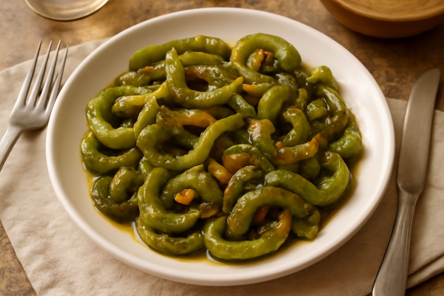 Padella con pappacelle trifolate: strisce di peperoni verdi leggermente dorate, aglio minuzzato, prezzemolo fresco verde, olio lucido sulla superficie