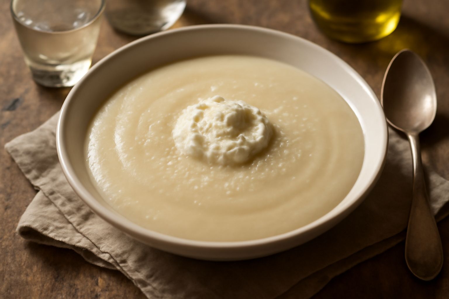 Una ciotola bianca con pappacioli cremosi color avorio, con piccoli pezzetti di verdure colorate, una cucchiaiata di ricotta bianca in superficie, bordo della ciotola pulito