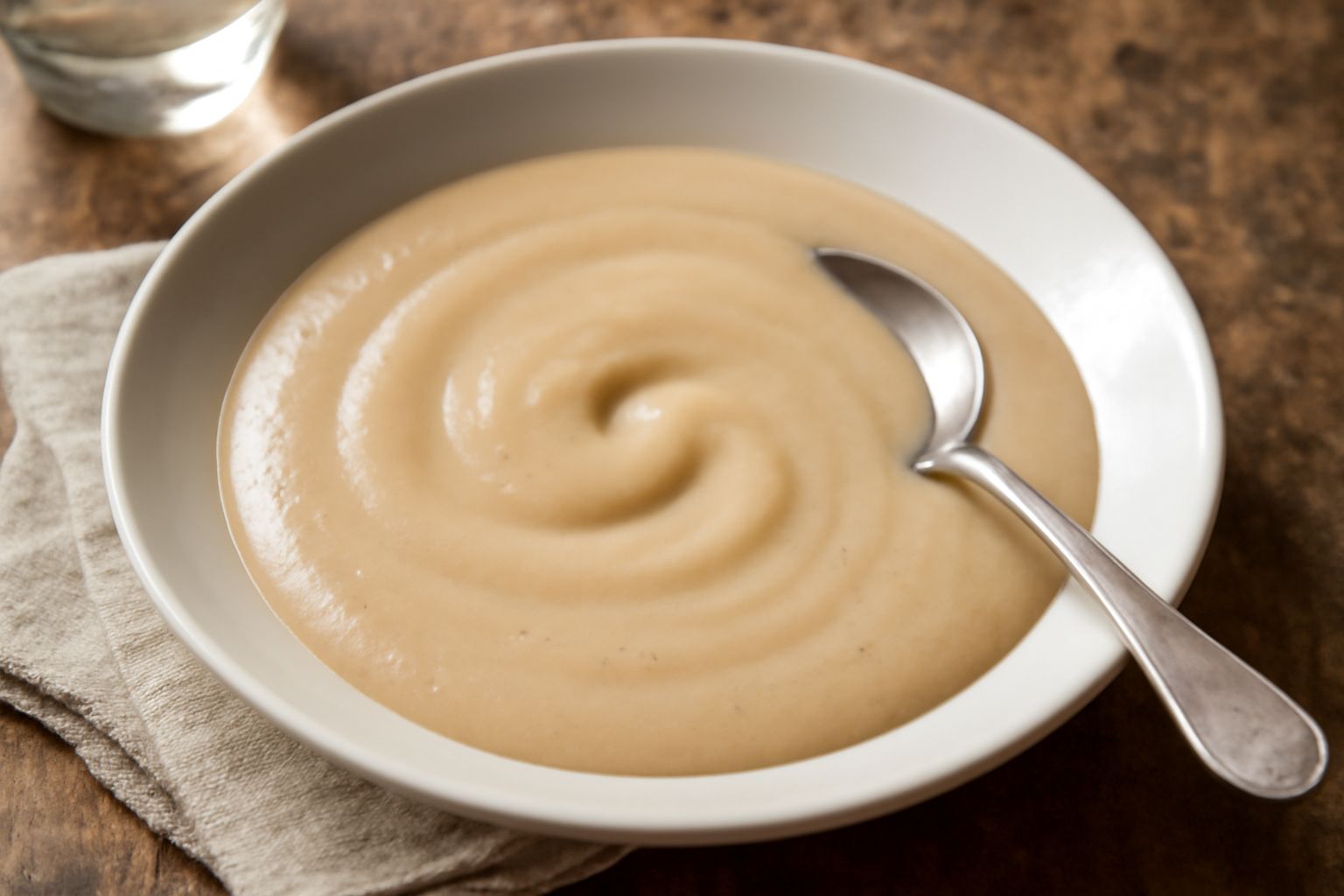 Ciotola di pappamolla color nocciola chiaro, cremosa e omogenea, servita in piatto fondo bianco con cucchiaino di plastica, vapore leggero che sale dalla superficie