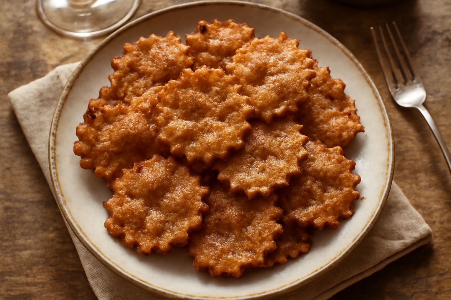 Pappappelle dorate e croccanti impilate su un piatto bianco, ricoperte di zucchero e cannella, con sfondo scuro sfocato
