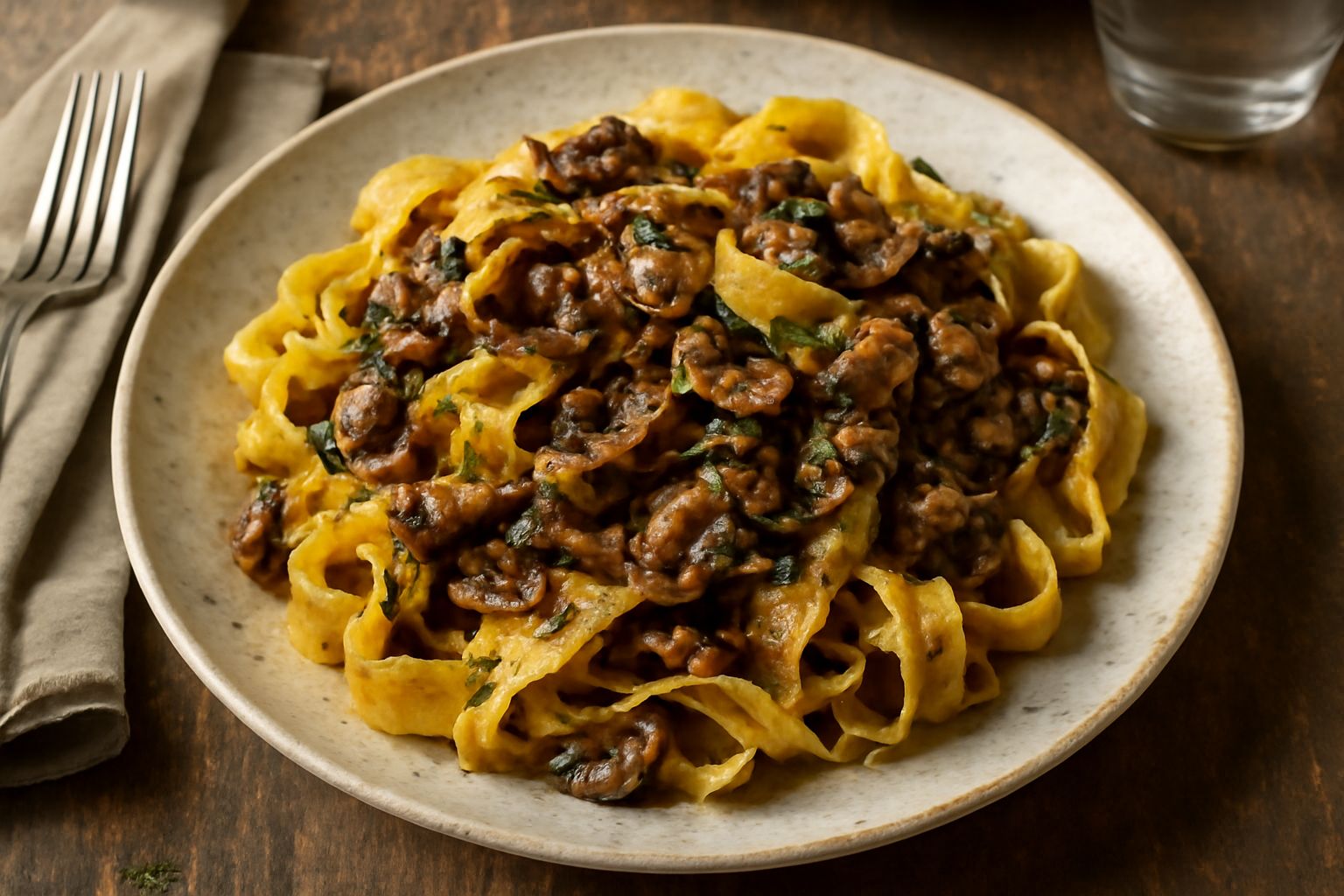 Piatto di papparadelle larghe e ondulate coperte da funghi trifolati marrone dorato, prezzemolo verde fresco, olio lucido, su fondo scuro con un bicchiere di vino rosso sfocato.