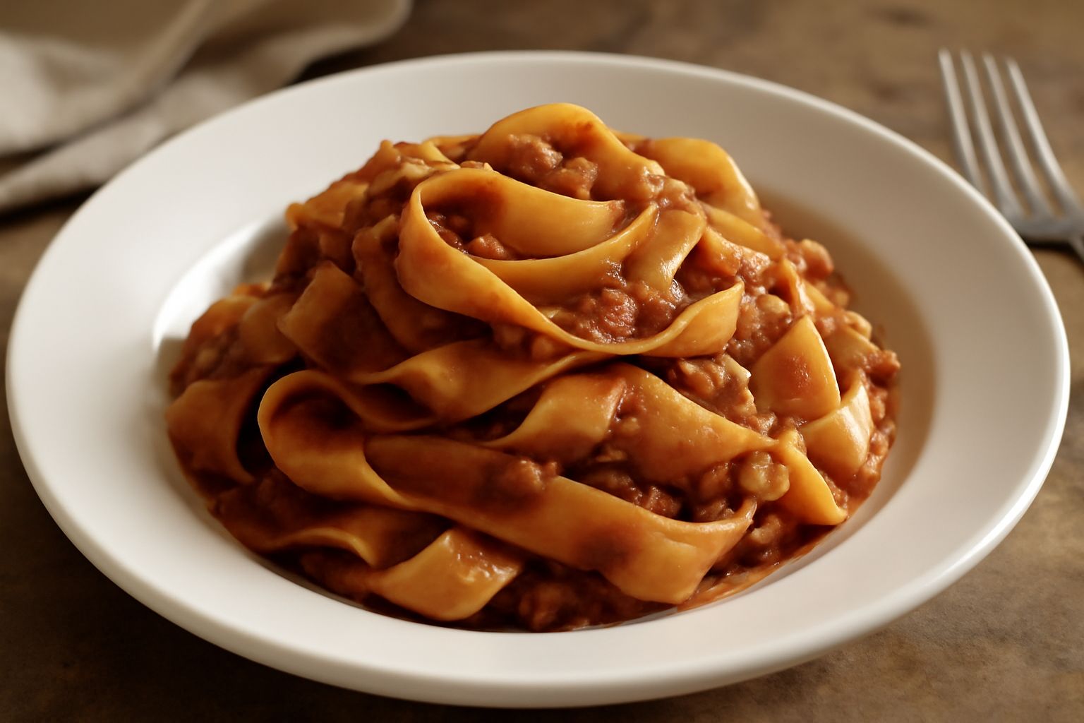 Pappardelle appena cotte adagiate nel piatto, larghe strisce di pasta all'uovo dal colore giallo dorato, coperte di ragù di carne marrone scuro, guarnite con formaggio grattugiato bianco e pepe nero.