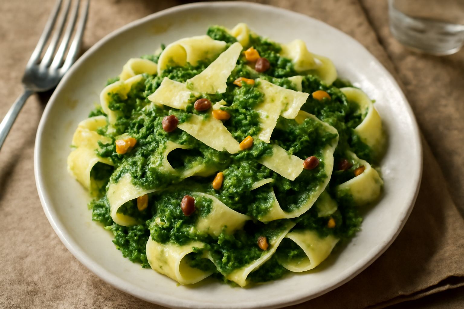 Piatto di pappardelle larghe color bianco avorio condite con salsa verde scuro, guarnite di scaglie bianche di parmigiano e noci tostate, servite in piatto bianco con forchetta in acciaio