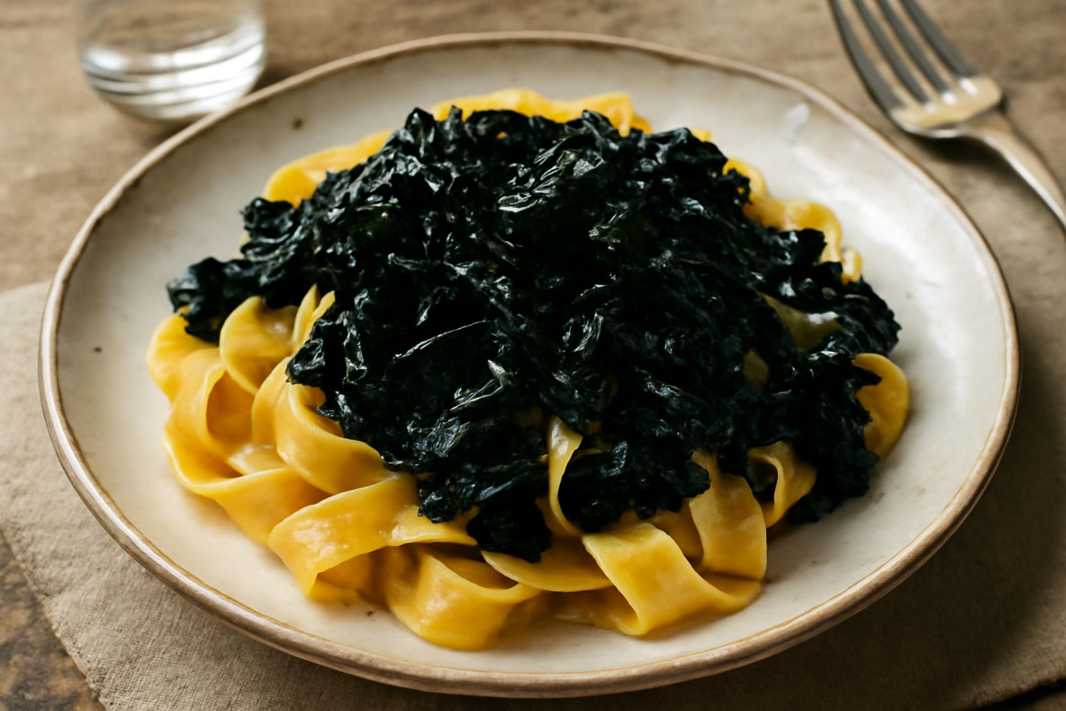 Pappardelle larghe dorate ricoperte da cavoli neri saltati scuri e lucidi, guarnite con formaggio grattugiato bianco e olio d'oliva, impiattate in una ciotola bianca con bordo grigio
