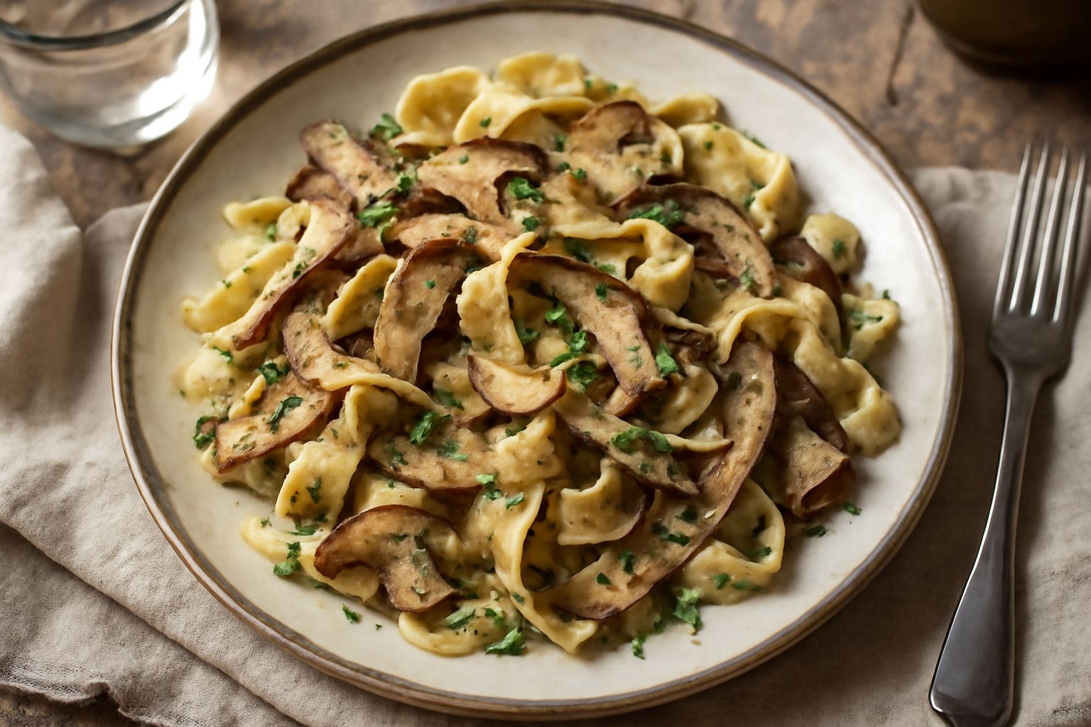 Pappardelle larghe color ocra coperte di funghi cardoncelli trifolati, guarnite di prezzemolo verde e gocce d'olio d'oliva lucido, disposte in un piatto bianco fondo