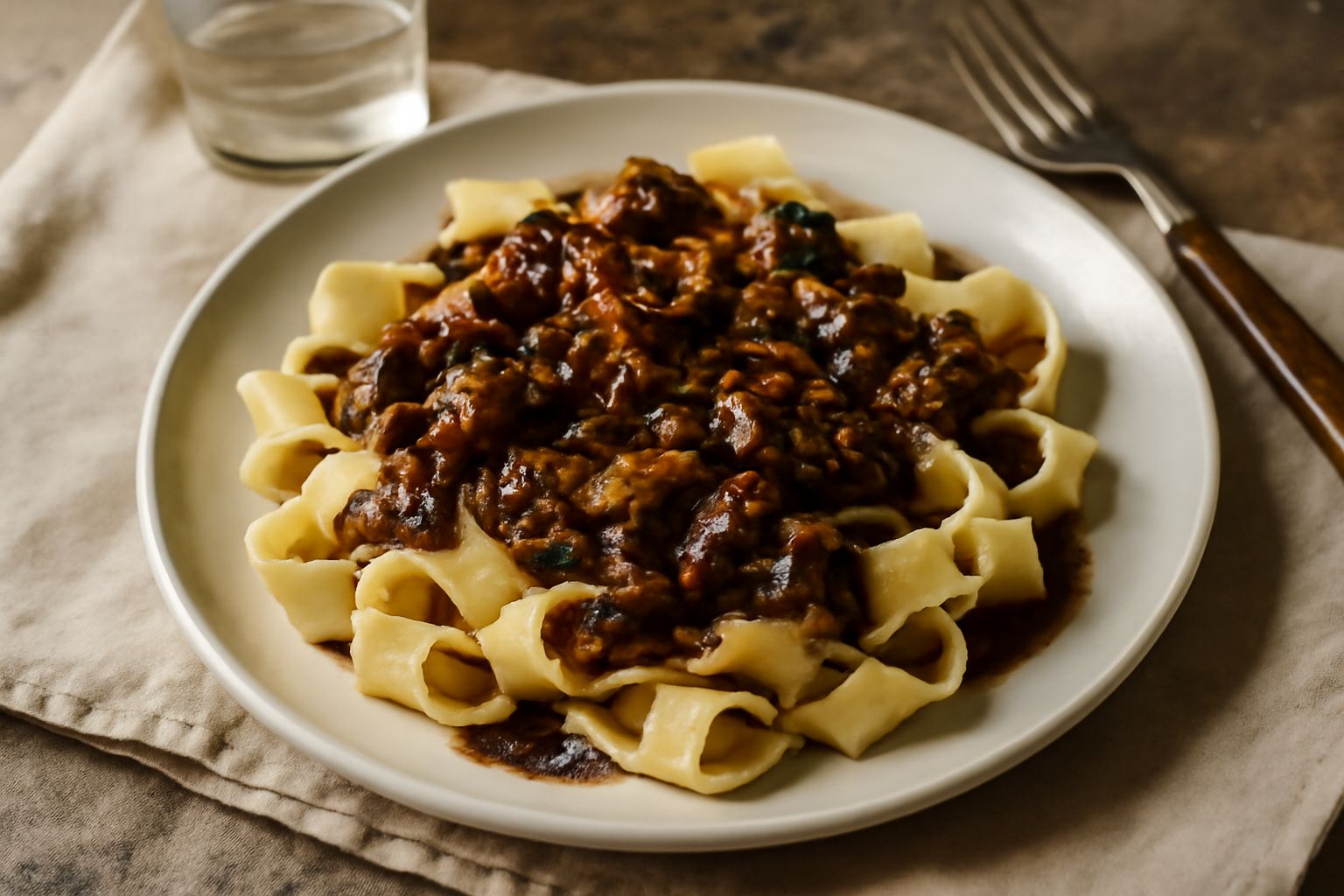 Pappardelle larghe e ondulate color grano coperte da un ragù scuro di funghi, con pezzi visibili di fungo e prezzemolo verde spolverato sulla superficie, olio lucido intorno, piatto bianco, luce natur