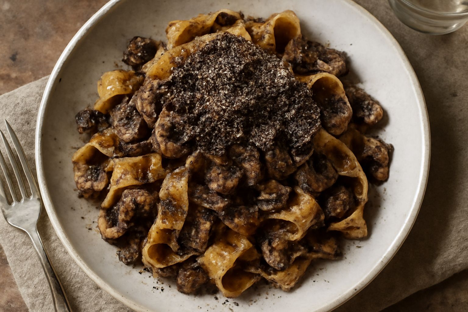 Pappardelle larghe condite con funghi trifolati di colore marrone scuro, grattugia di tartufo nero sulla superficie, rifinite con prezzemolo fresco tritato, servite in piatto fondo bianco con olio ext
