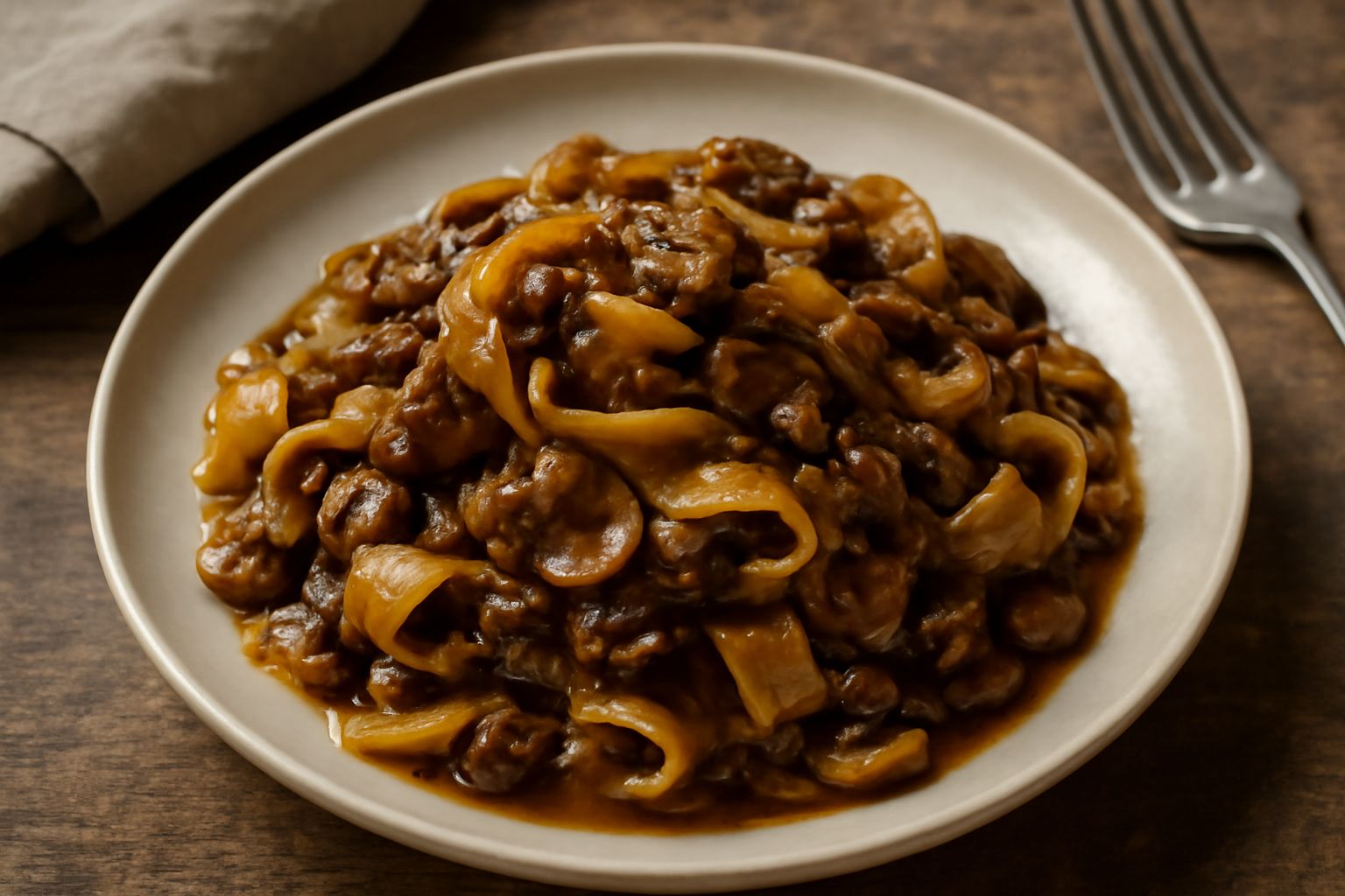 Pappardelle al forno di pasta fresca, larghe e ondulate, rivestite di salsa marrone scura con pezzetti visibili di funghi misti, guarnite con prezzemolo verde e scaglie di parmigiano, servite in piatt