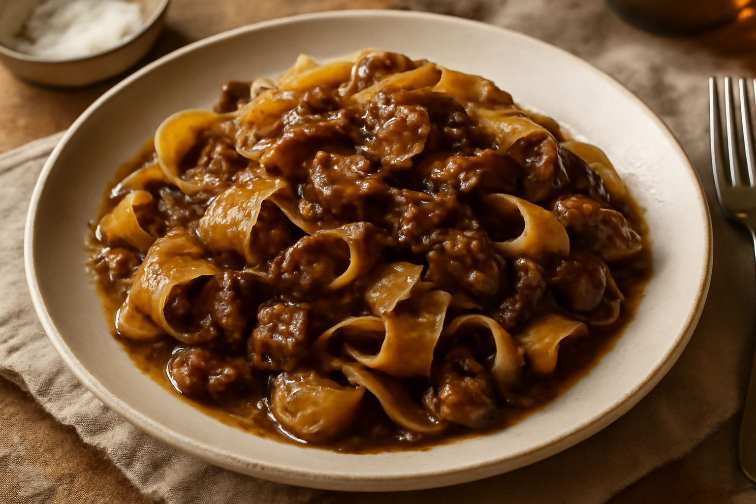 Pappardelle ai funghi porcini servite in piatto fondo bianco, con nastri di pasta larga di un giallo paglierino, ricoperti di sugo marrone scuro ai funghi, burro lucido e scaglie di parmigiano grattug