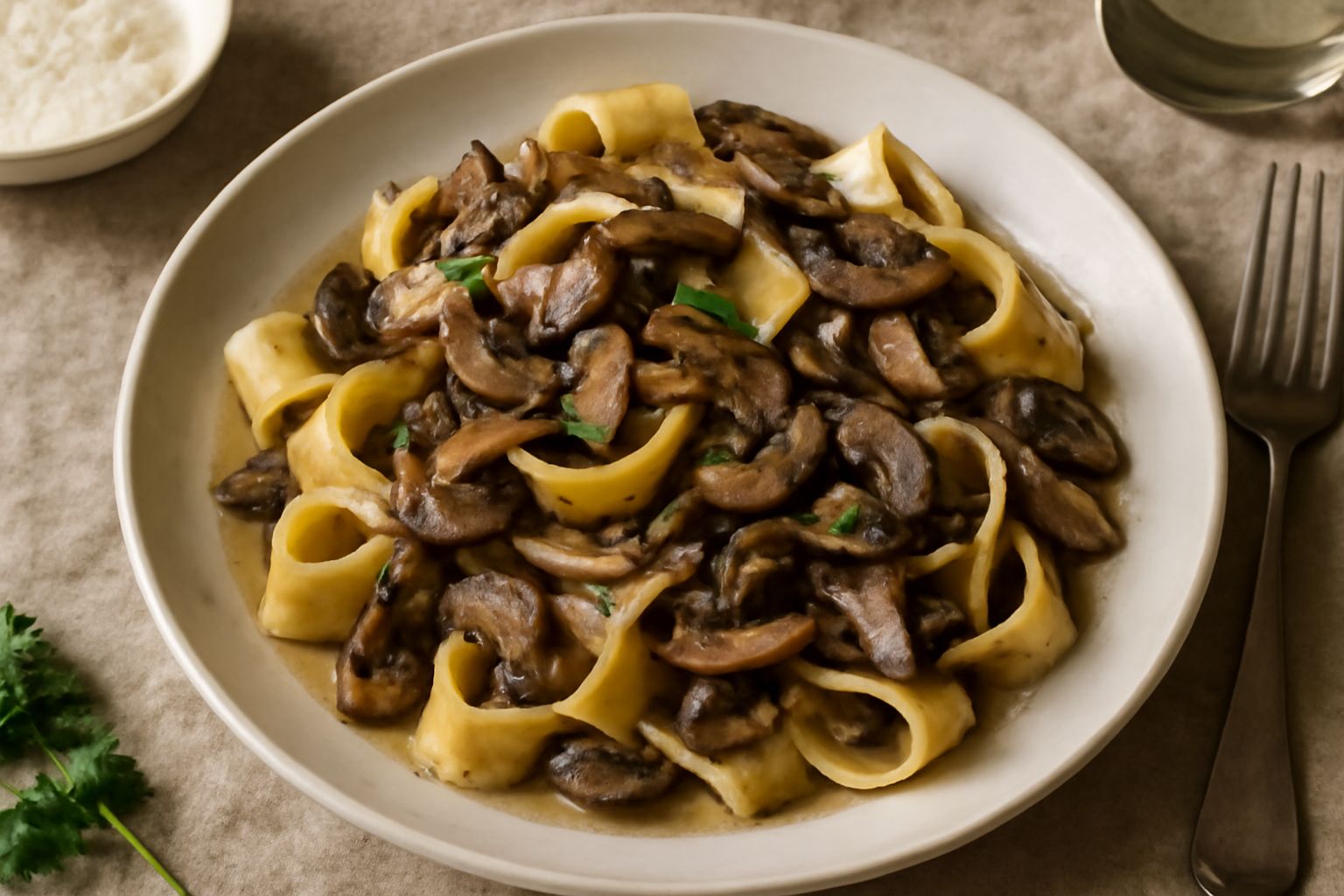 Pappardelle ai funghi servite in piatto bianco, pasta larga beige avvolta intorno con funghi bruno-dorati e prezzemolo verde, olio di oliva lucido, su tavolo in legno naturale