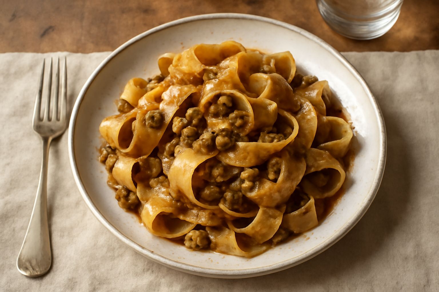 Pappardelle condite con sugo marrone scuro di funghi porcini secchi, guarnite con prezzemolo fresco tritato e grana padano grattugiato, in un piatto bianco fondo con bordo rialzato.