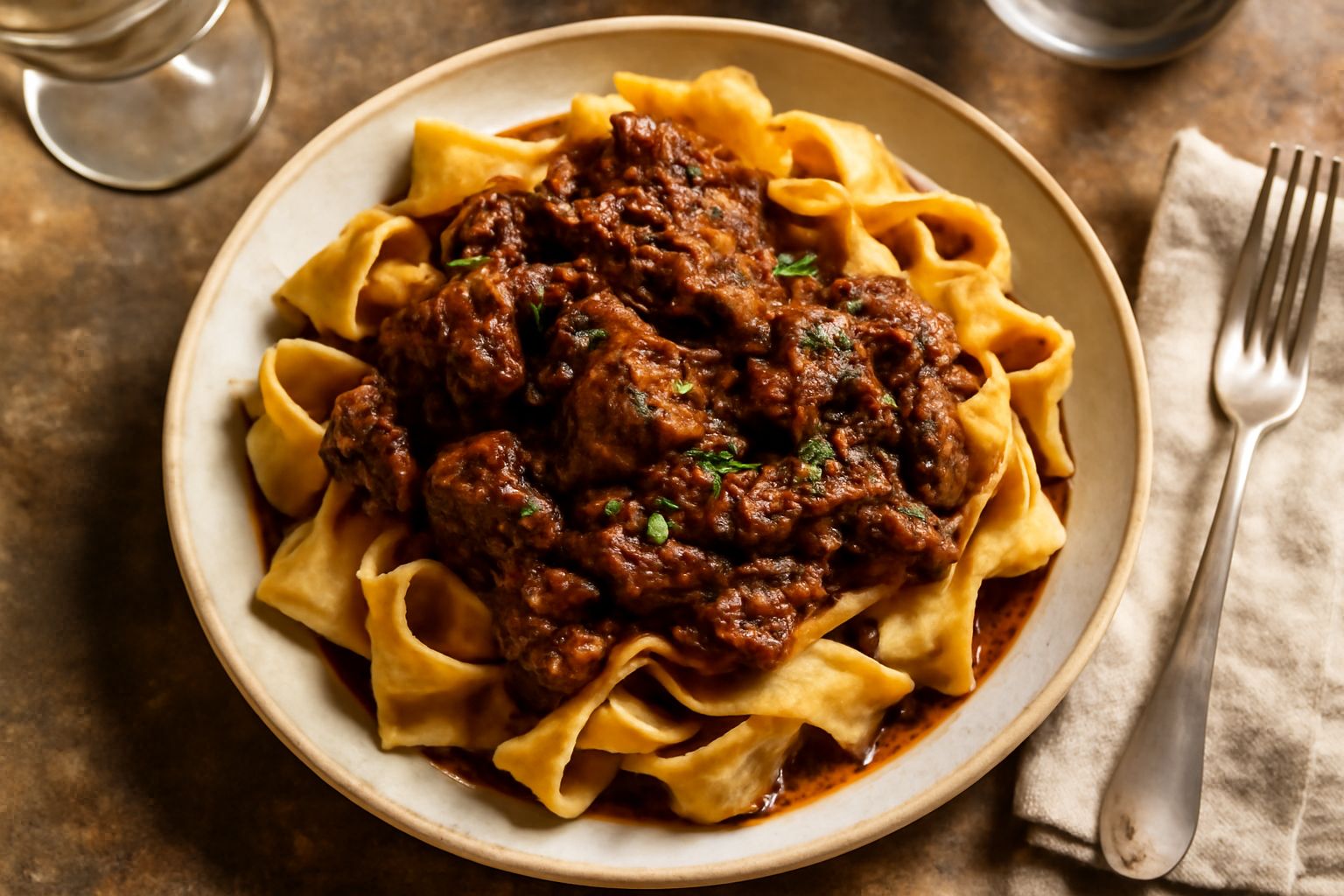 Pappardelle al cinghiale in piatto bianco, salsa scura e lucida, carne morbida in primo piano, con rosmarino fresco e grattugia di parmigiano