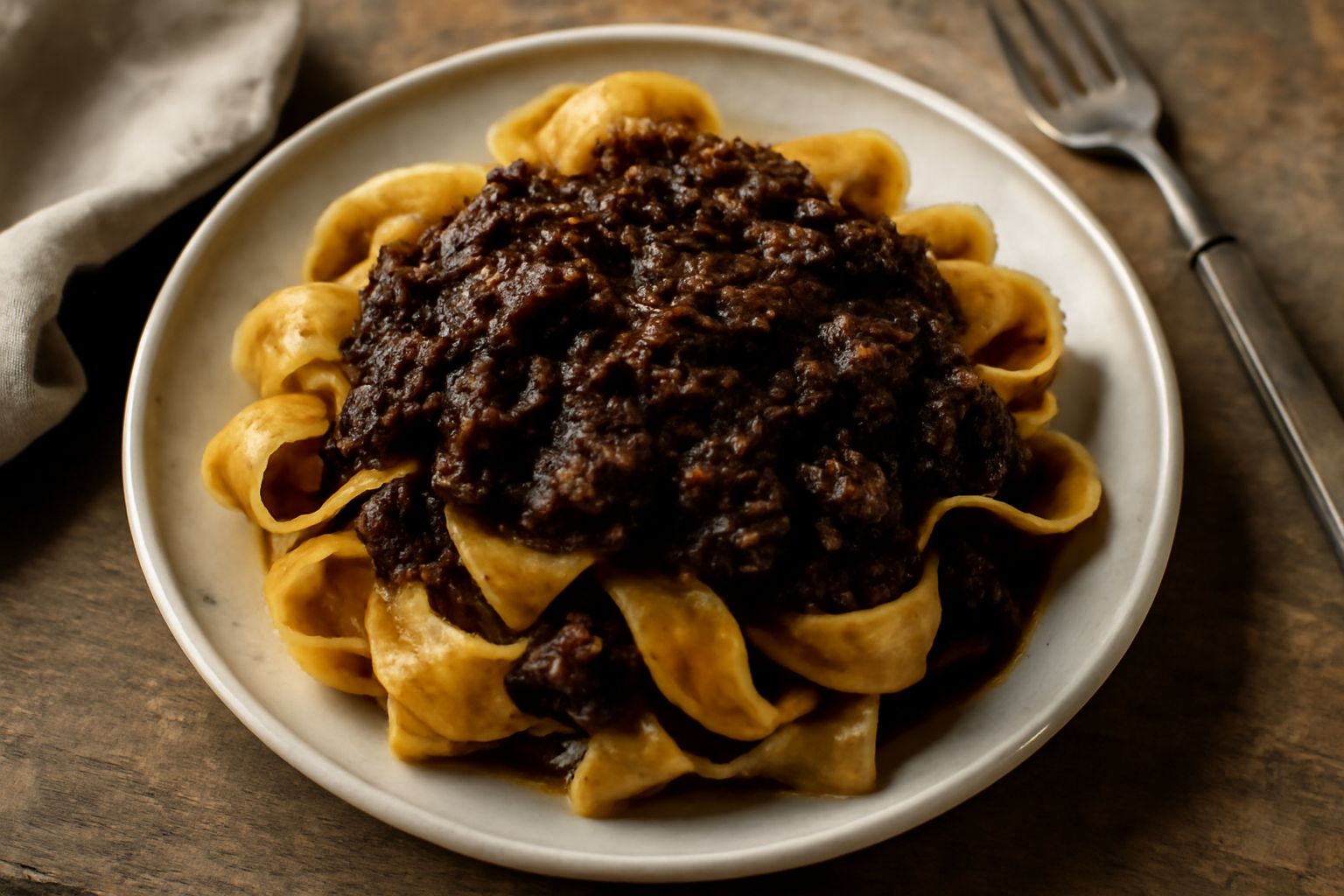 Pappardelle al cinghiale in umido in piatto bianco fondo: nastri di pasta larga ricoperti da ragù marrone scuro e denso, frammenti di carne sfatta, spruzzata di prezzemolo fresco verde, filo di olio e