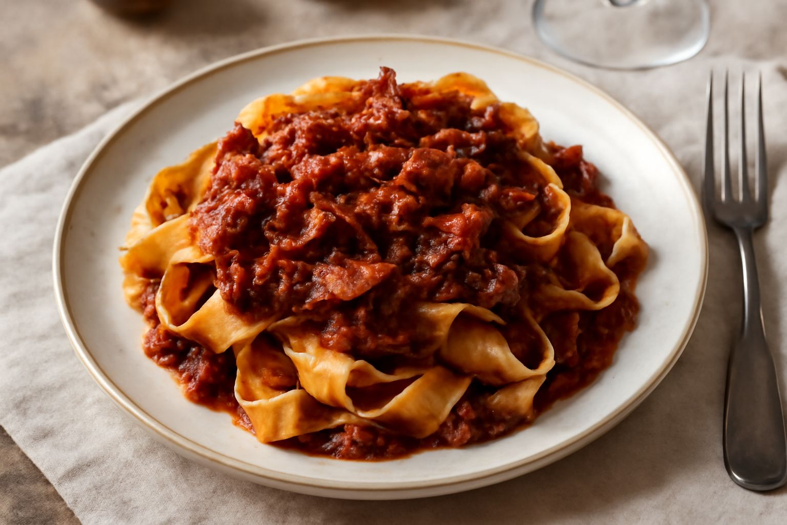 Pappardelle al cinghiale servite in piatto bianco, pasta larga color oro con ragù rosso scuro di carne, grattugia di parmigiano reggiano, prezzemolo fresco