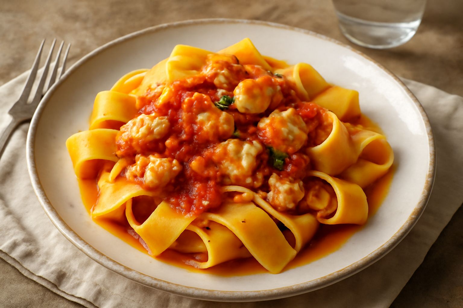 Piatto bianco con pappardelle larghe ricoperte da filetti di pesce bianco in salsa di pomodoro rosso, decorato con prezzemolo fresco e gocce di olio d'oliva