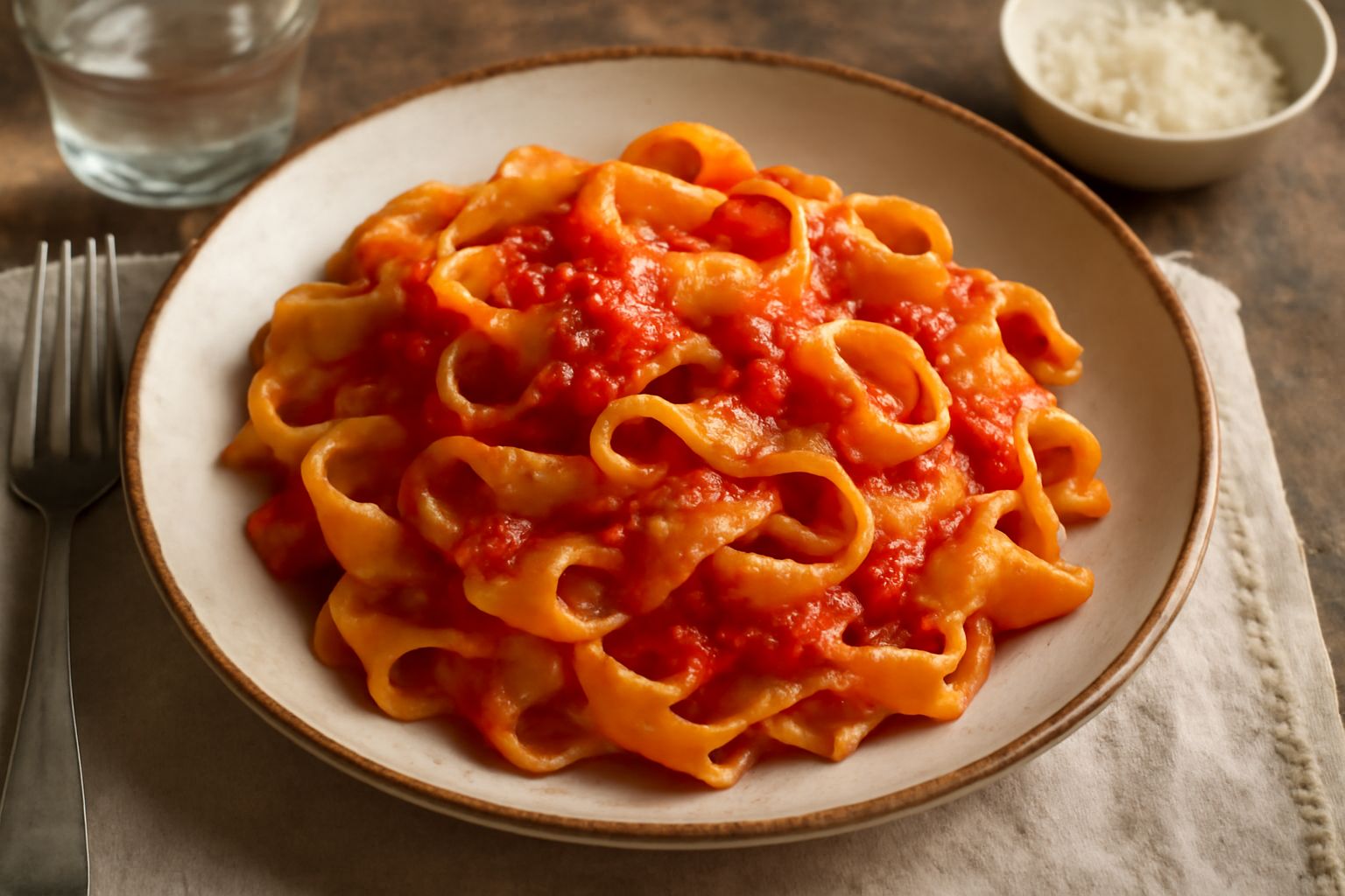 Un piatto bianco con pappardelle larghe al pomodoro, nastri di pasta giallo-dorata ricoperti di salsa rosso vivo, gocce di olio verde in superficie, basilico fresco verde su un lato, servito con pane 