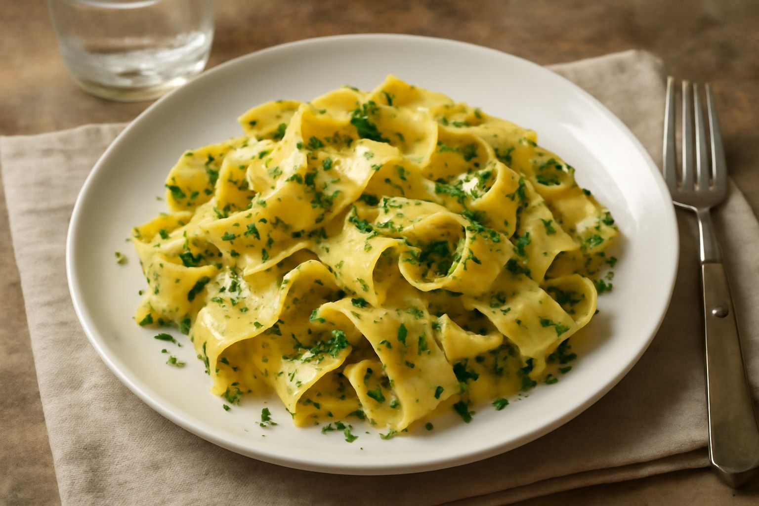 Pappardelle larghe al prezzemolo in un piatto bianco fondo, condite con prezzemolo verde brillante tritato, visibili piccoli pezzi di aglio biondo, gocce di burro lucido, grattugia di parmigiano reggi