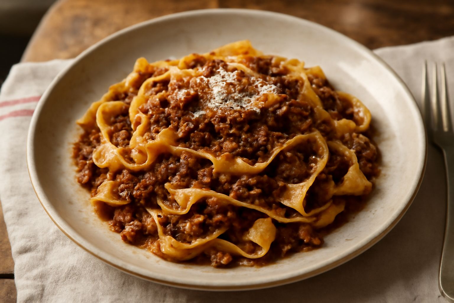 Piatto bianco con pappardelle larghe coperte di ragù scuro, carne visibile nel sugo, grattugia di formaggio grattugiato fresco in cima, forchetta a lato
