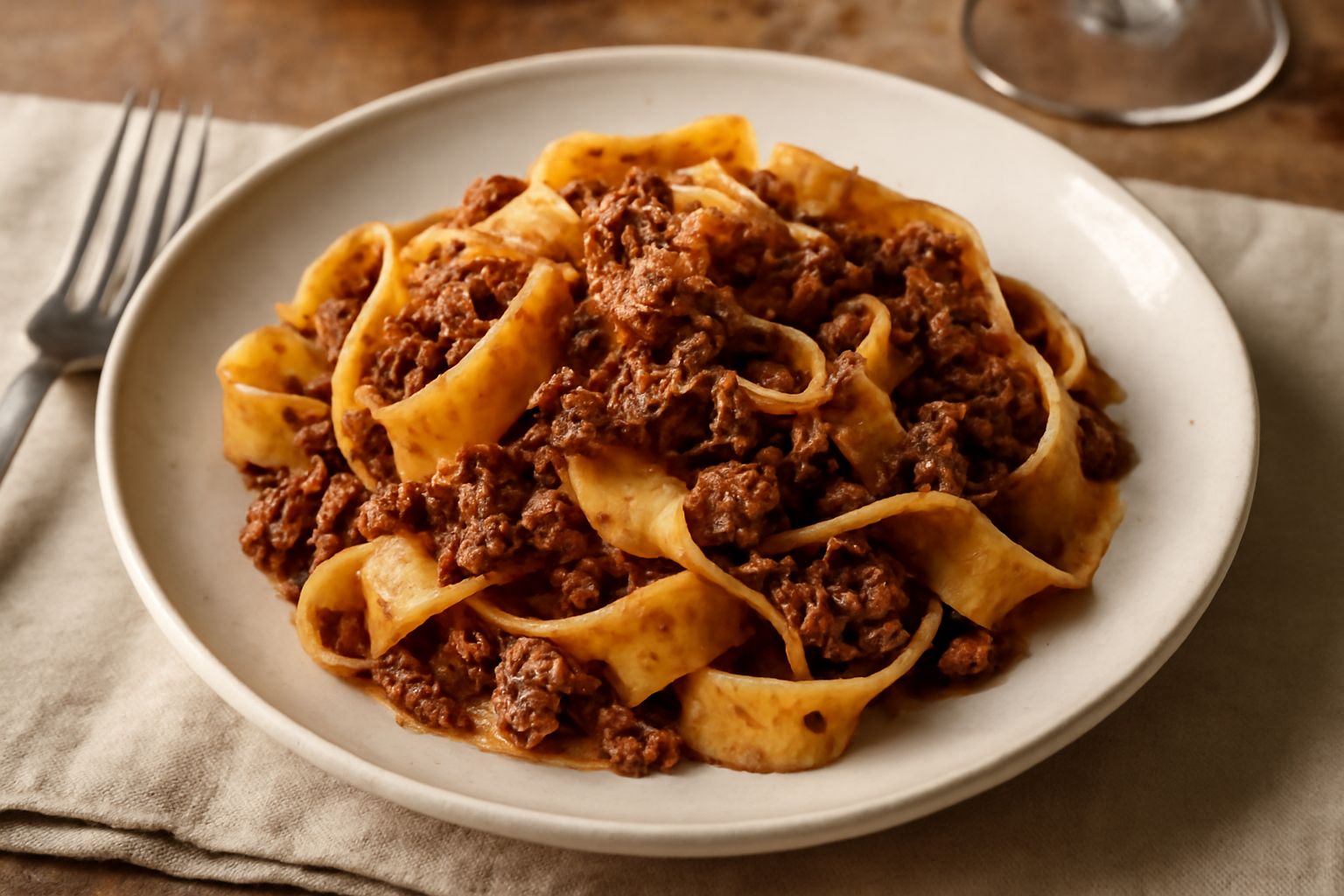 Pappardelle larghe e ondulate coperte da ragù d'anatra scuro e denso, guarnite con parmigiano grattugiato bianco, servite in piatto bianco fondo con cucchiaio.