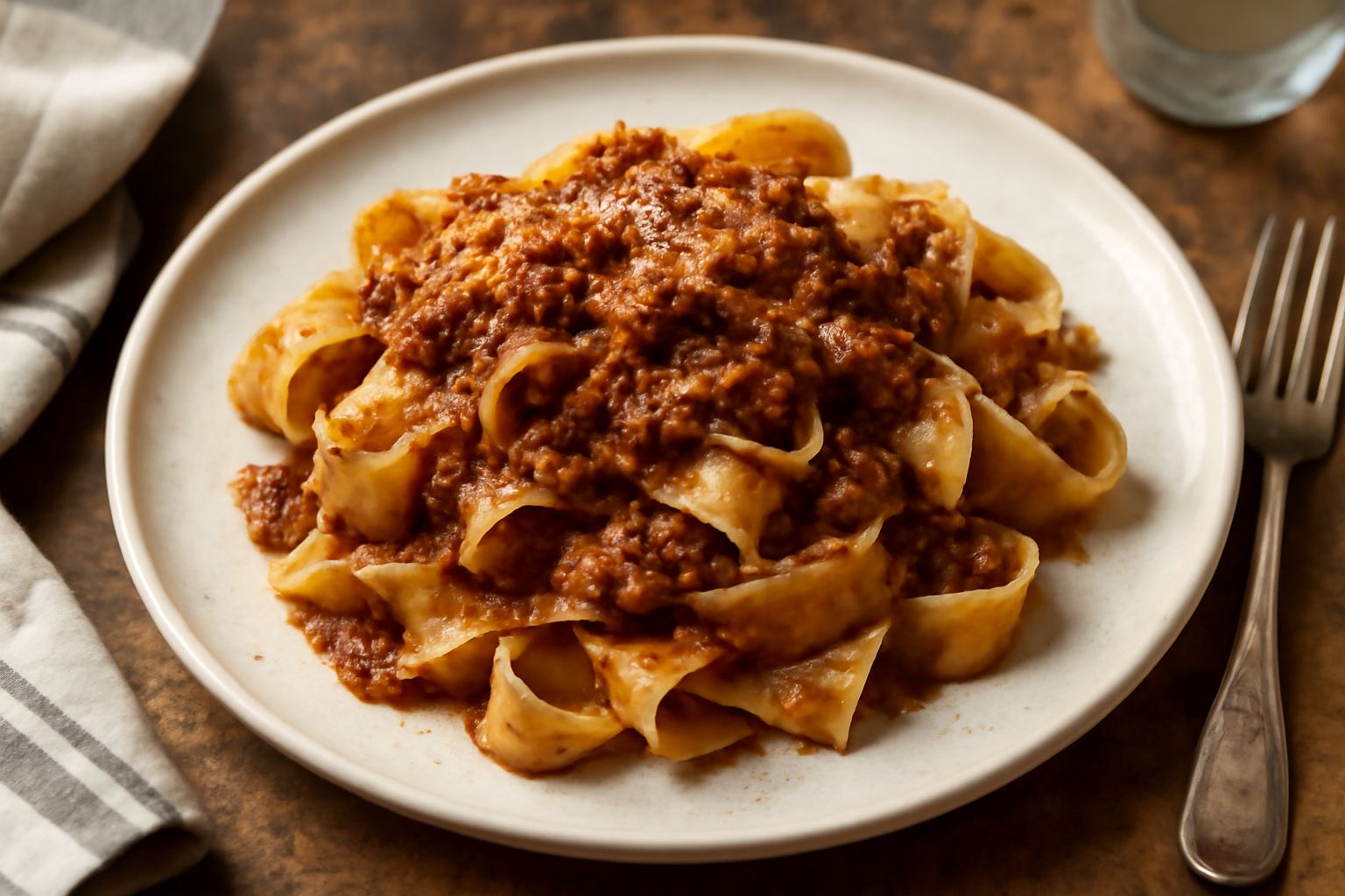 Pappardelle larghe e ondulate di pasta all'uovo condite con ragù marrone scuro, coperte di parmigiano grattugiato bianco, servite in un piatto bianco fondo con un filo d'olio d'oliva verde.