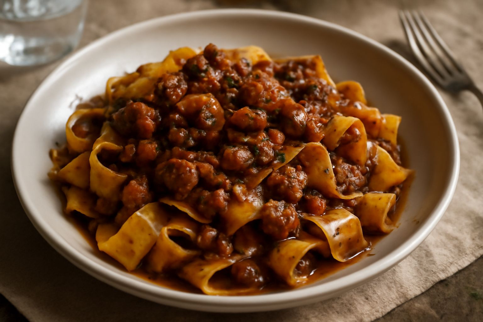 Pappardelle larghe e ondulate condite con ragù scuro di animelle, guarnite con formaggio grattugiato e un filo di olio, servite in un piatto bianco fondo su tovaglia di lino