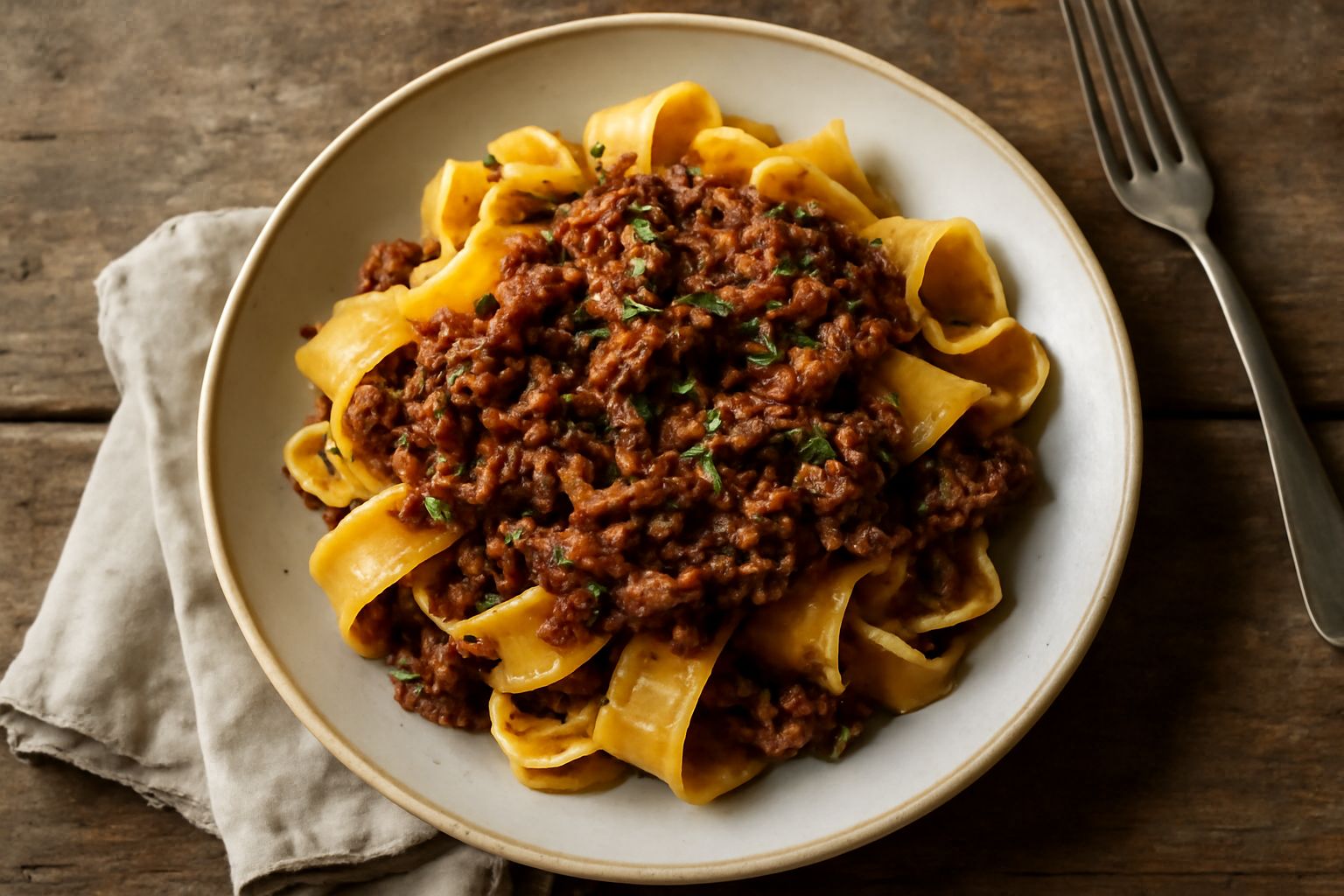 Piatto bianco con pappardelle larghe ricoperte di ragù scuro di cinghiale, guarnito con parmigiano grattugiato e rametto di rosmarino