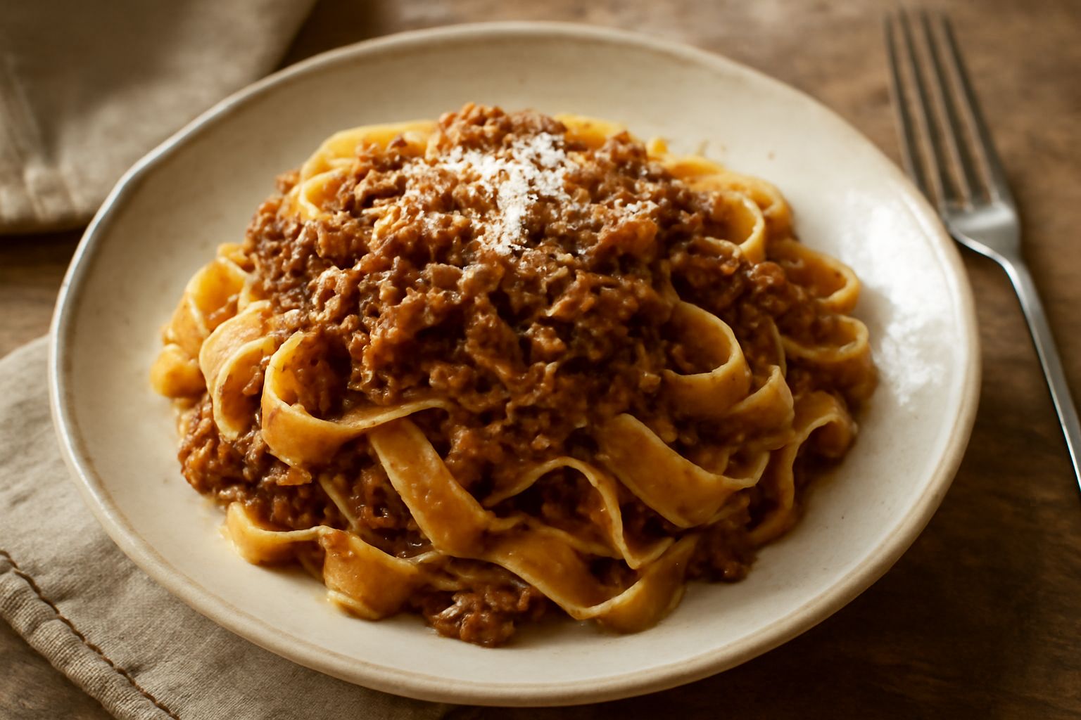 Un piatto di pappardelle al ragù di conigli, con la pasta fresca larga e ondulata ricoperta di un ragù marrone scuro, una grattugiata di pecorino romano, prezzemolo fresco e una leggera lucidatura di 