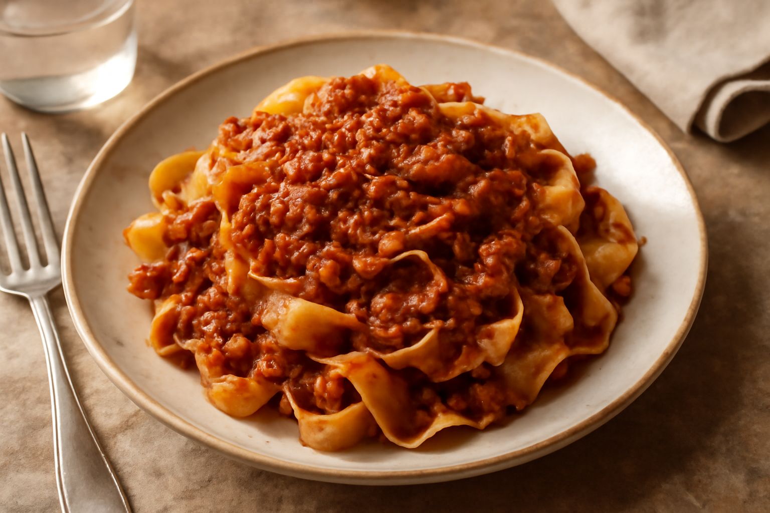 Pappardelle larghe rigate di color crema-giallo avvolte in un ragù marrone-rosso denso, guarnite con parmigiano grattugiato bianco e una foglia di prezzemolo fresco, servite in un piatto bianco fondo