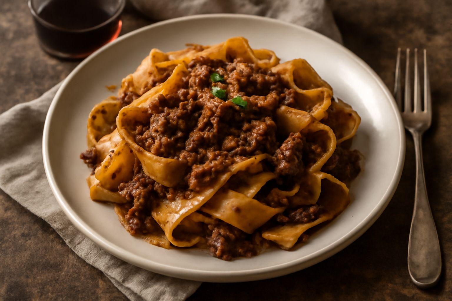 Pappardelle larghe e dorate condite con ragù scuro di selvaggina, ricco di pezzi di carne, servite in un piatto bianco con una grattugia di parmigiano reggiano e un filo di olio d'oliva