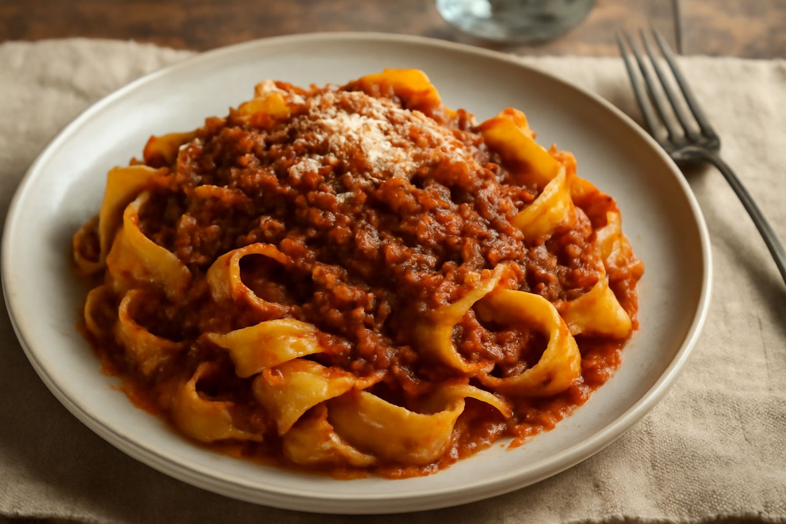 Piatto di pappardelle larghe e ondulate coperte di ragù denso di colore rosso scuro, sparse di pecorino grattugiato bianco, in un piatto bianco fondo.