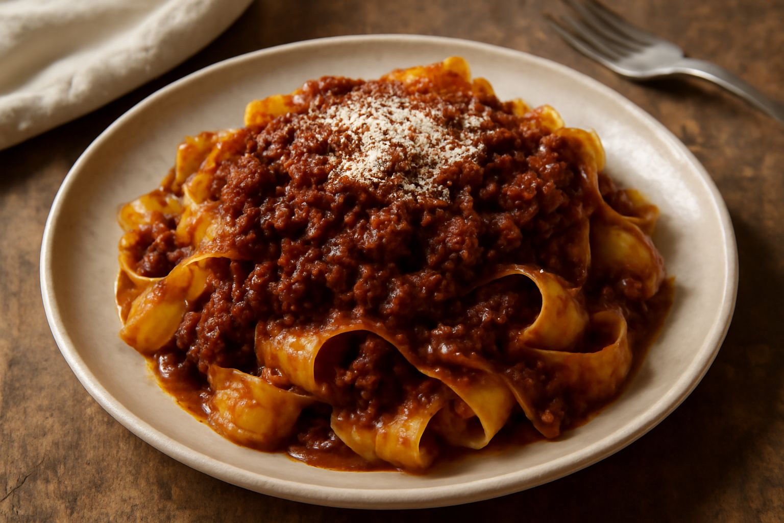 Piatto bianco con pappardelle larghe ondulate ricoperte di ragù marrone scuro, guarnito con parmigiano grattugiato bianco e una foglia di prezzemolo fresco verde