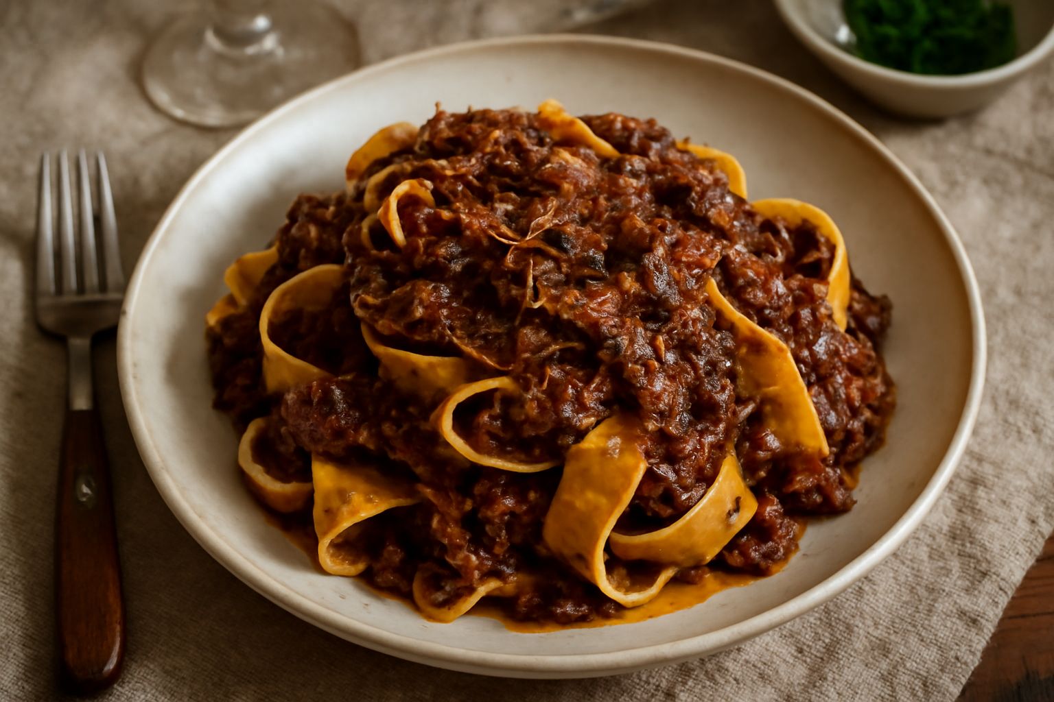 Piatto bianco con pappardelle larghe ricoperte di sugo marrone scuro di anatra, guarnite con parmigiano grattugiato fine e prezzemolo fresco, ragù visibile sulla pasta, sfondo neutro.
