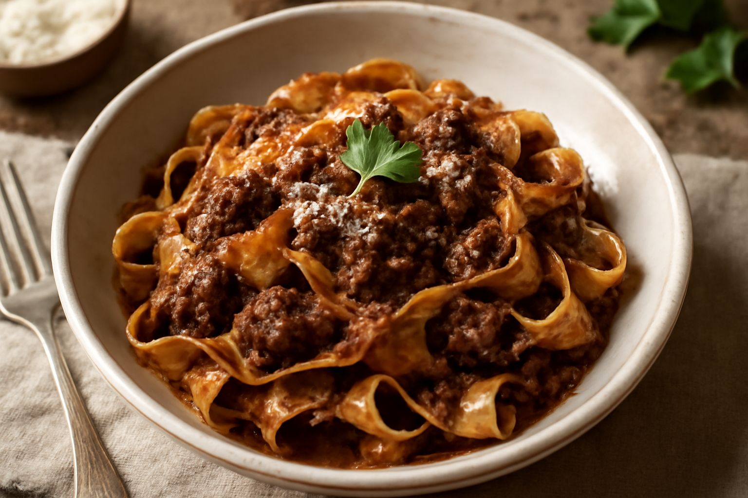 Piatto di pappardelle al sugo di cacciagione visto da sopra: tagliatelle larghe di pasta fresca coperte da sugo marrone scuro con pezzetti di selvaggina, guarnito con formaggio grattugiato e prezzemol