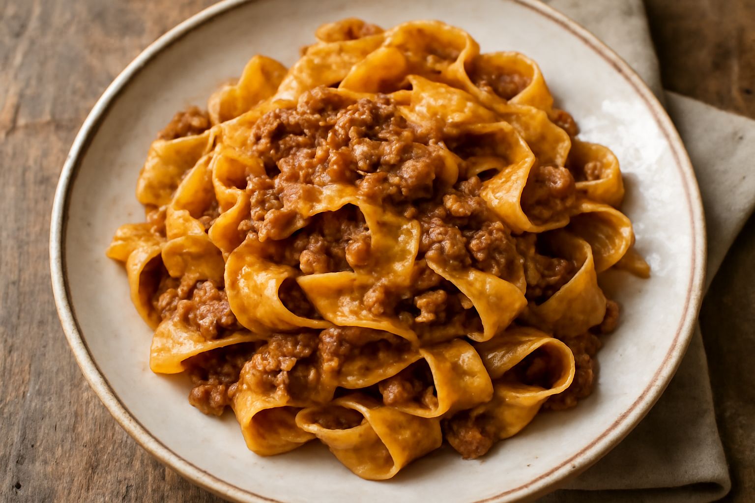 Piatto bianco con pappardelle al sugo di lepre marrone scuro, guarnite con parmigiano grattugiato e prezzemolo fresco, sfondo grigio neutro