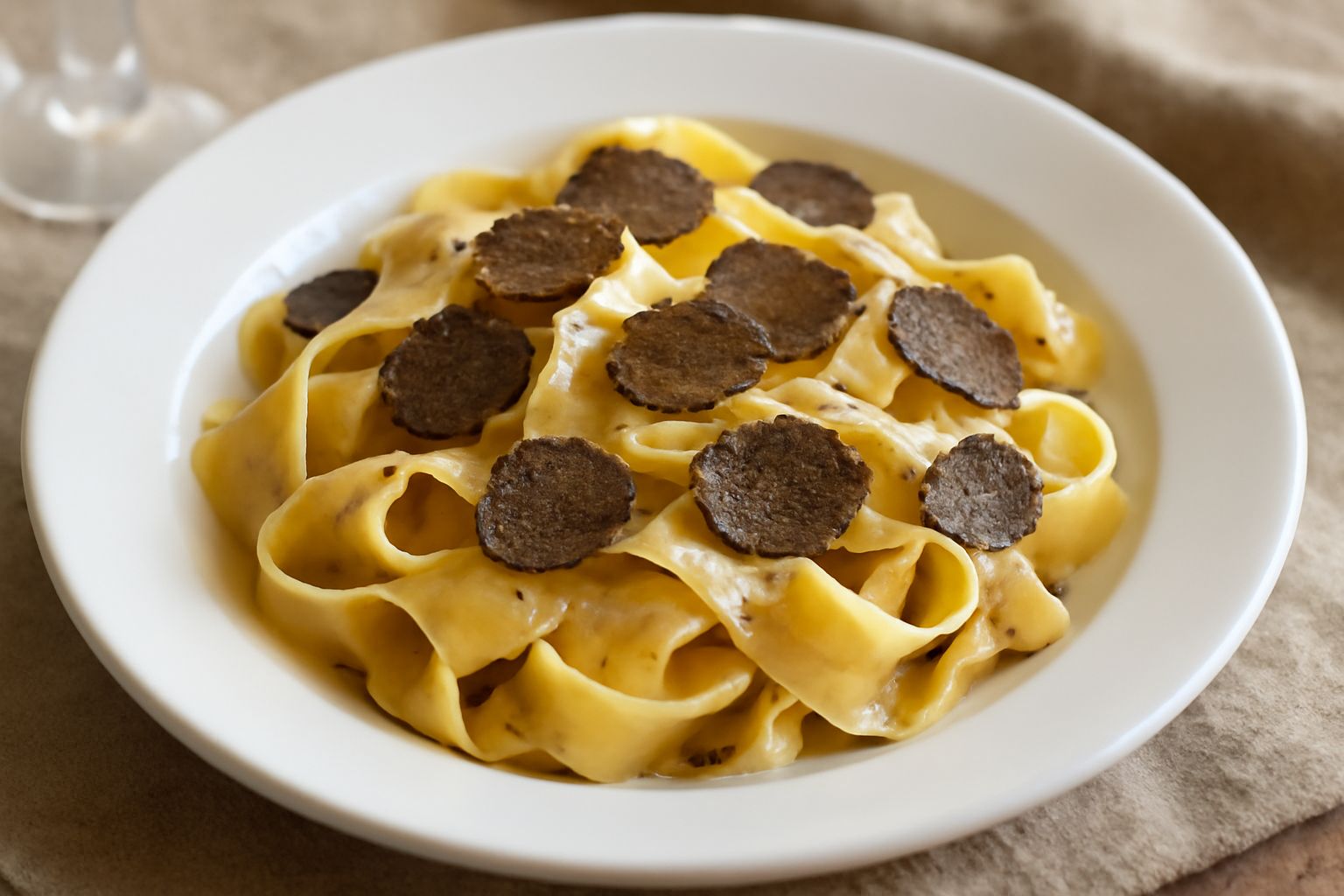 Piatto bianco con pappardelle larghe color oro-giallo, burro fuso lucente, scaglie di tartufo nero scuro sparpagliate in superficie, parmigiano grattugiato bianco, in controluce su tavolo scuro