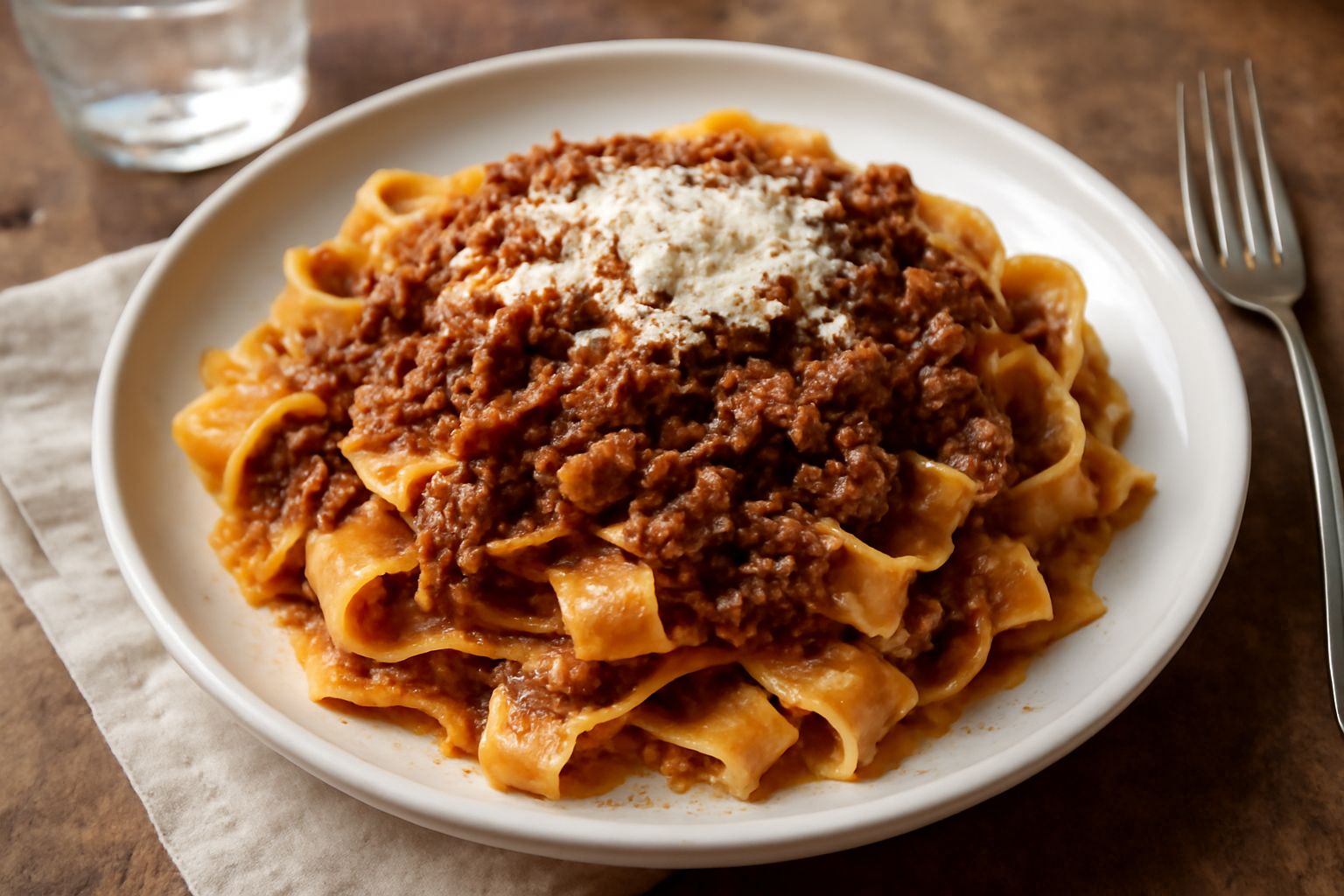 Piatto di ceramica bianca con pappardelle larghissime coperte da ragù rosso scuro con carne macinata visibile, grattugia di Parmigiano Reggiano bianco sulla superficie, erba cipollina verde come decor