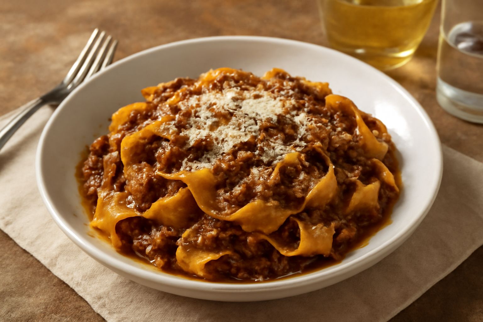 Piatto bianco con pappardelle larghe coperte da ragù rosso scuro di lepre, guarnite con parmigiano grattugiato bianco, erbe aromatiche fresche e olio verde in superficie