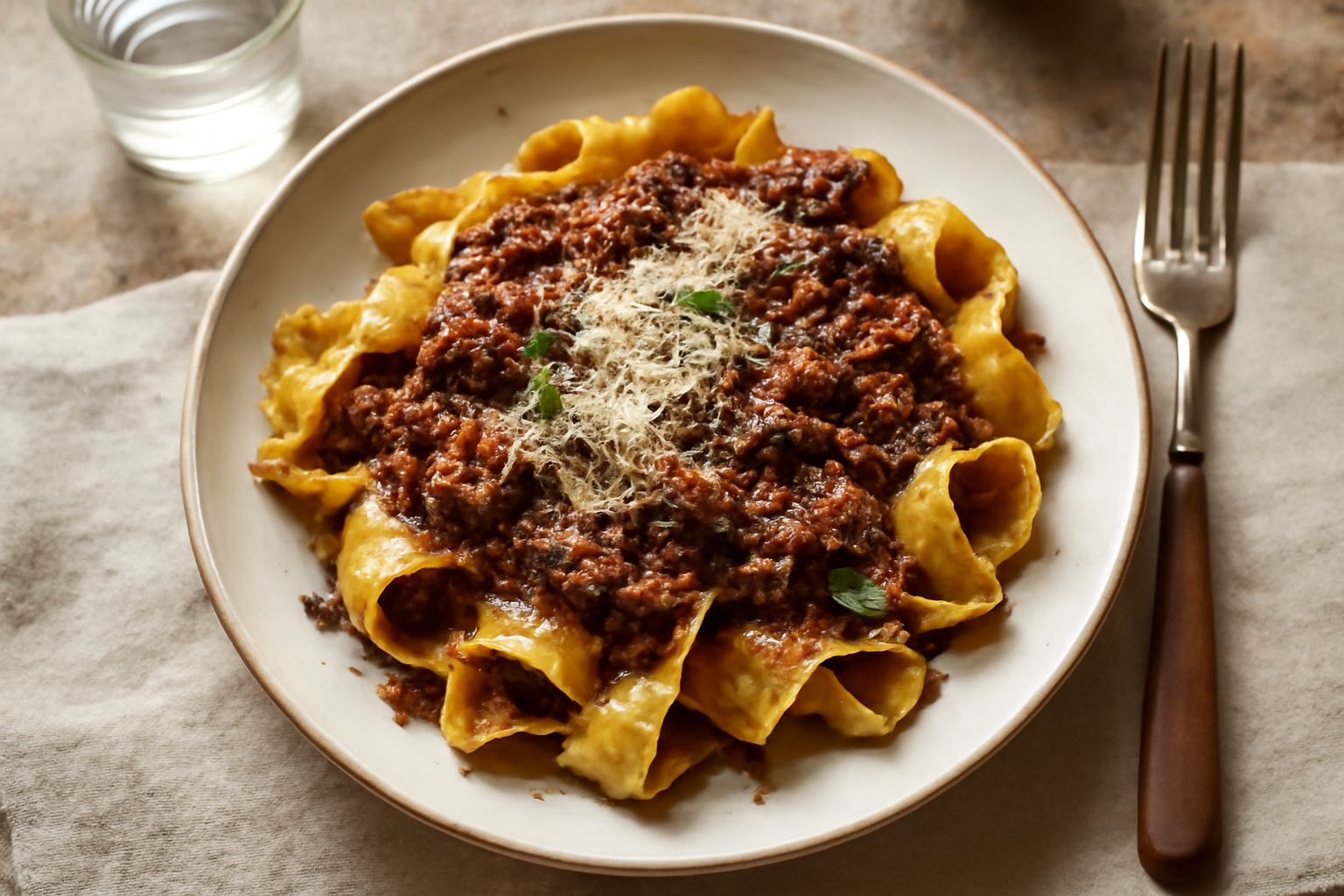 Pappardelle al ragù d'anatra servite in piatto bianco, paste larghe coperte da un ragù color marrone scuro con pezzetti di carne visibili, grattugia di Parmigiano-Reggiano sopra, fondo grigio