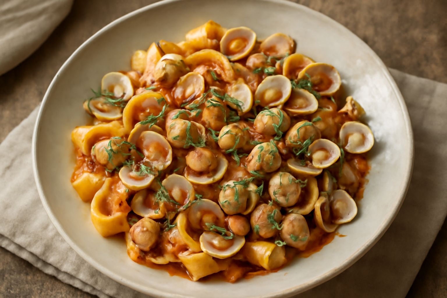 Pappardelle alle arselle servite in piatto bianco, pasta larga dorata con molluschi color avorio, sugo rosso da pomodoro, prezzemolo fresco e una spruzzata di olio di oliva