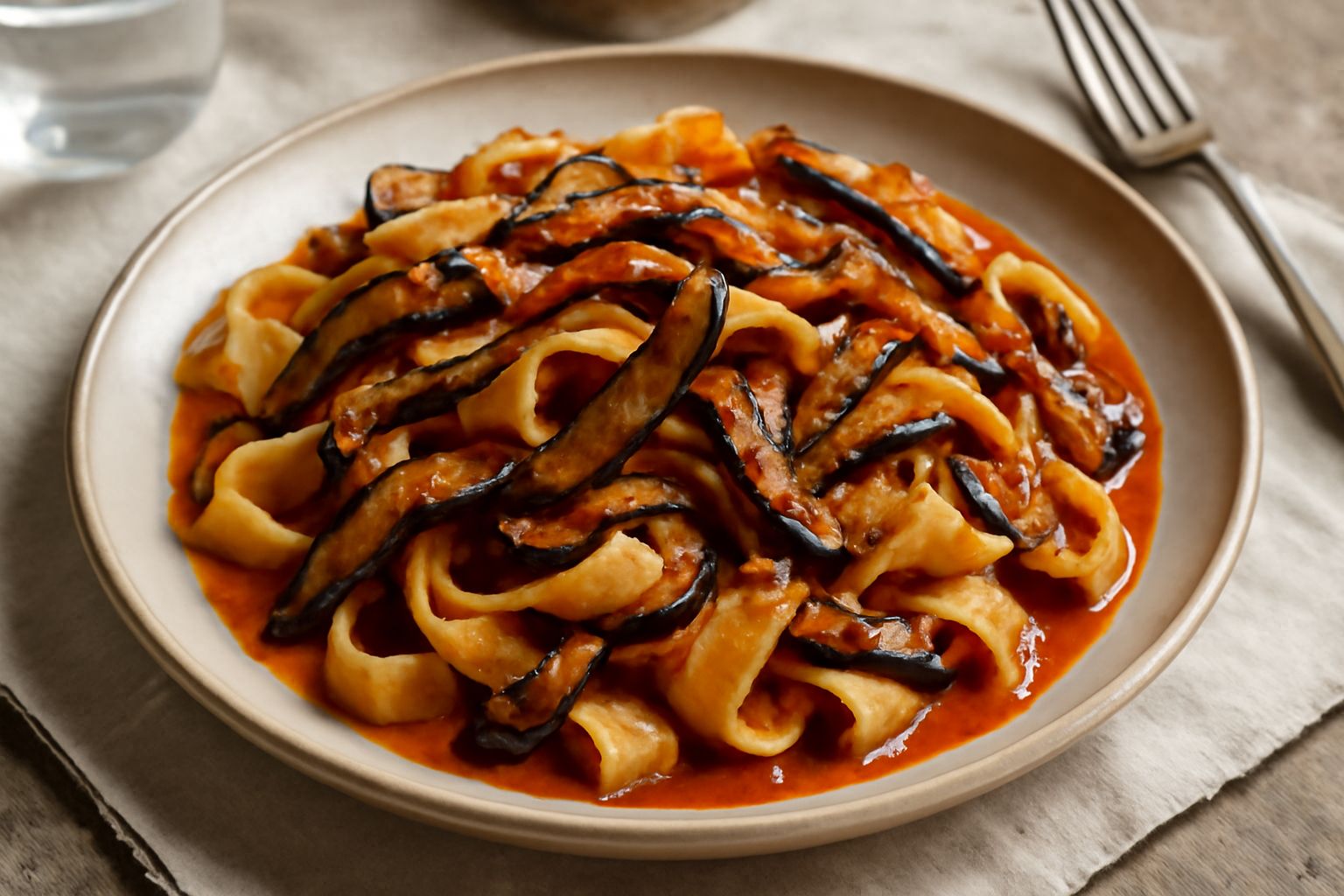 Un piatto di pappardelle larghe e ondulate colore panna, condite con strisce di melanzana viola scuro caramellate, salsa di pomodoro rosso brillante, foglie di basilico verde e gocce di olio d'oliva d