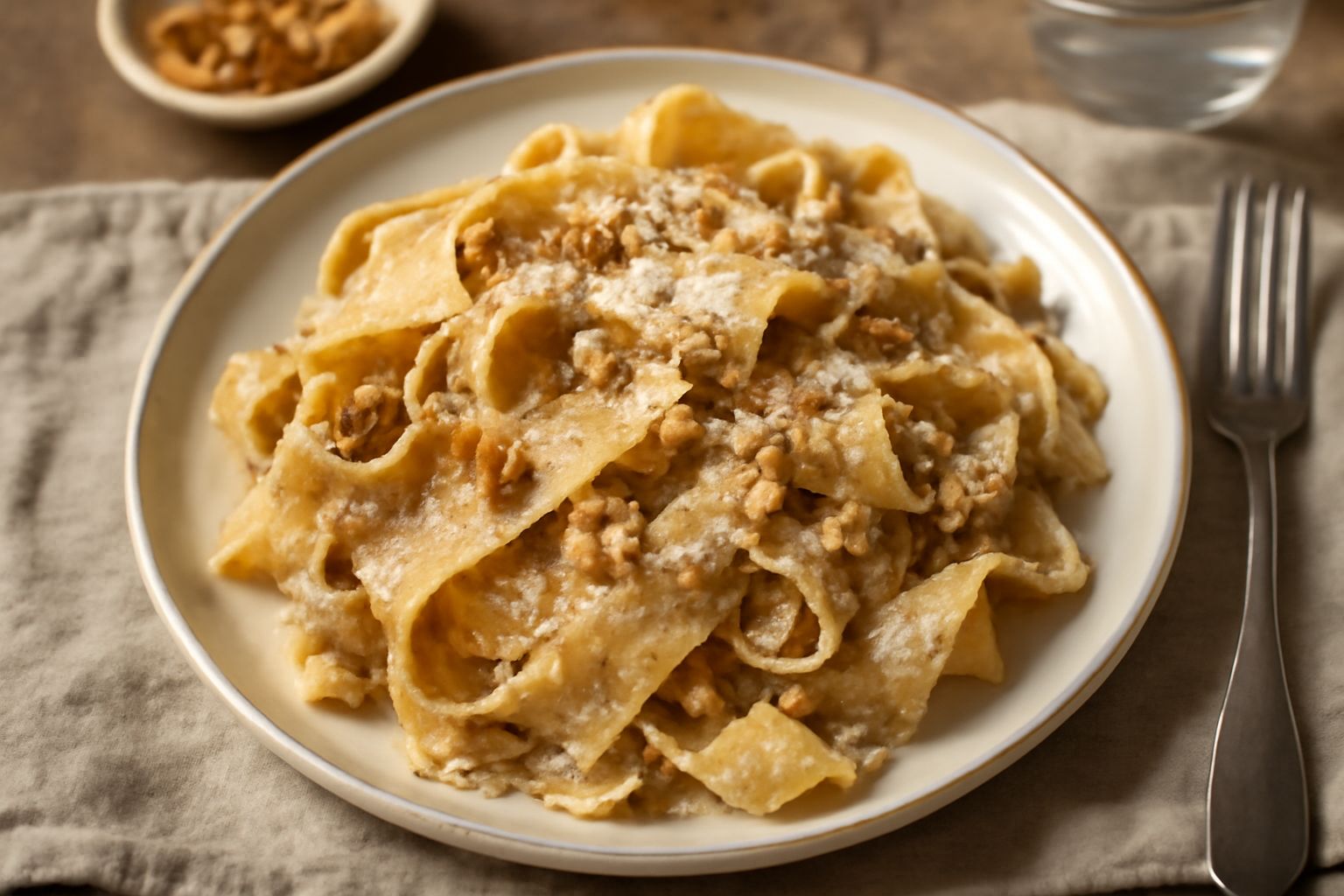 Piatto bianco con pappardelle larghe ondulate rivestite di salsa beige cremosa, noci tritate grossolanamente sparse in superficie, formaggio grattugiato bianco, prezzemolo verde fresco su un lato, vis