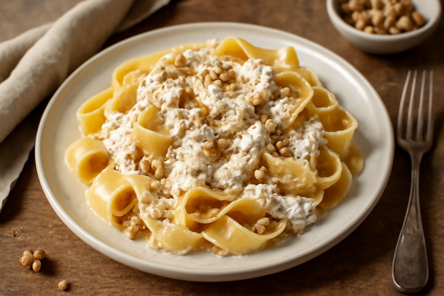 Pappardelle larghe giallo oro condite con salsa bianca cremosa, pezzi di noce visibili e scaglie di parmigiano, presentate su piatto bianco con fondo sfocato grigio