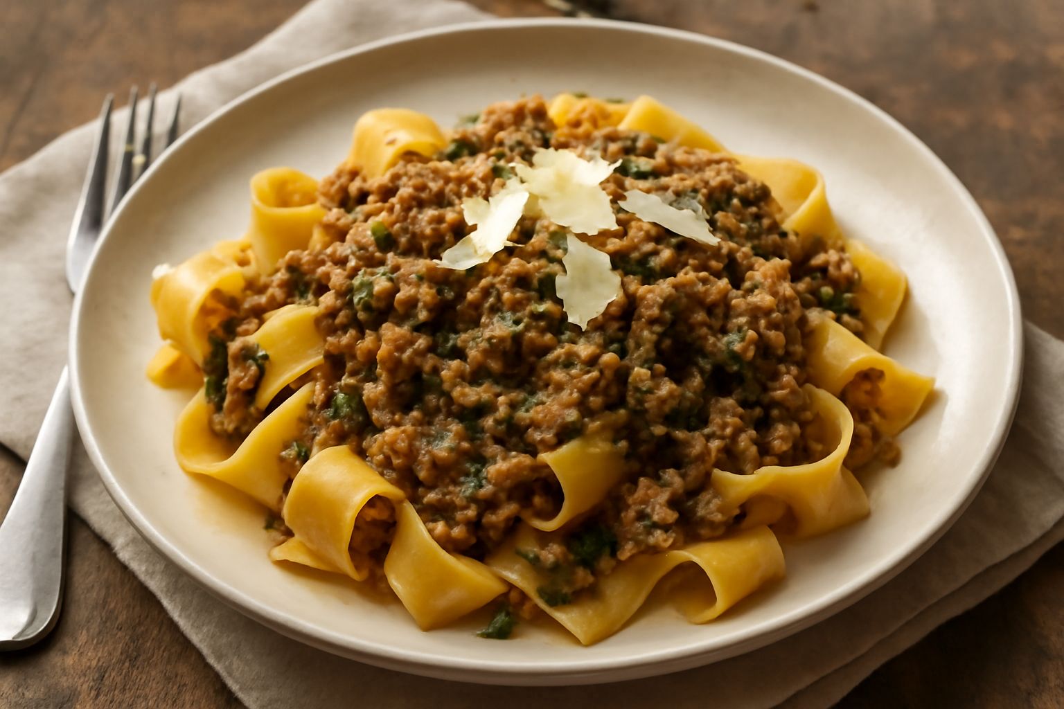 Piatto bianco con pappardelle larghe color grigio-verde, coperte da un ragù color nocciola con tracce di spinaci tritati, spolverato di parmigiano bianco, ripreso dall'alto con forchetta a lato