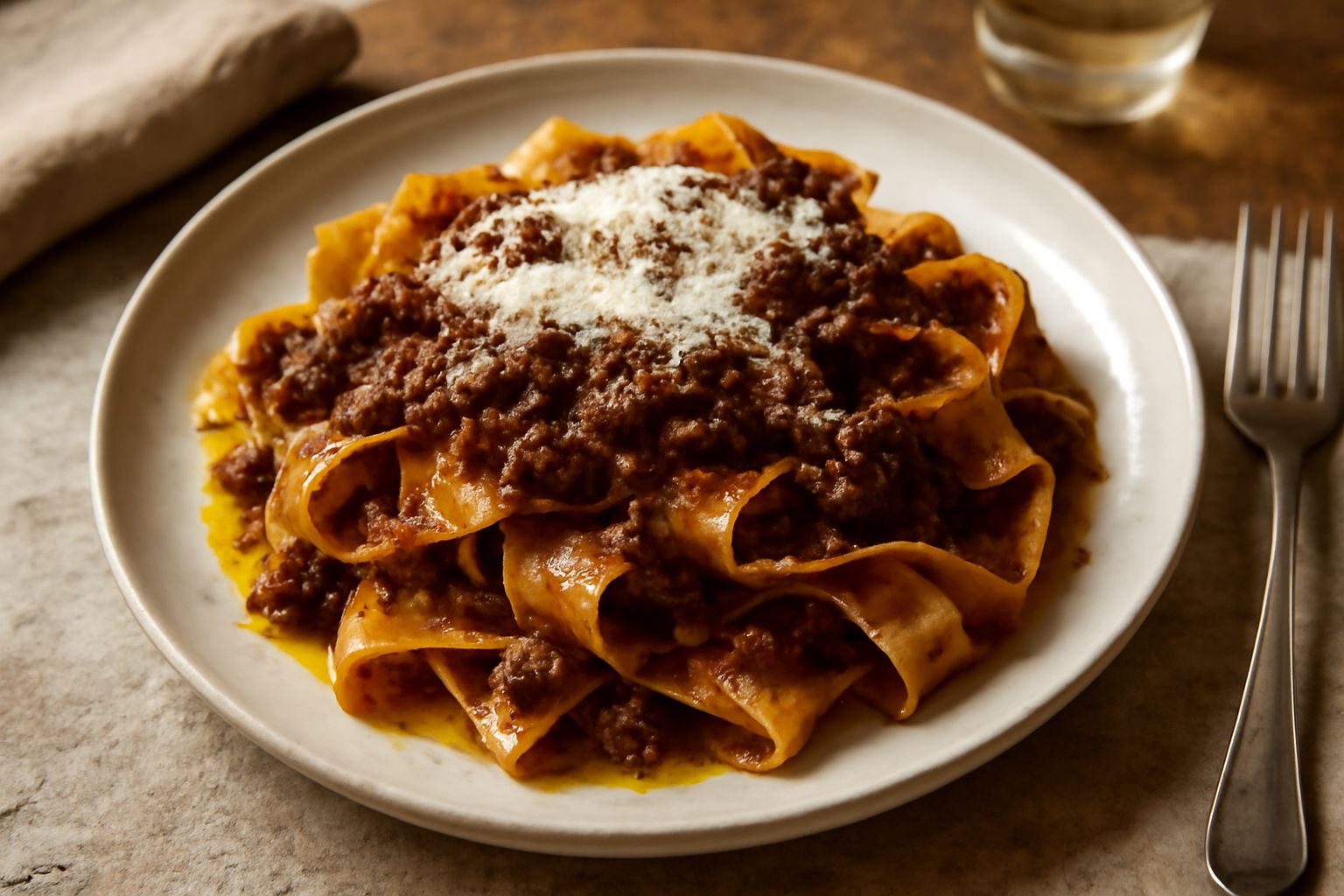 Piatto di pappardelle larghe e ondulate ricoperte di ragù scuro e denso di lepre, guarnite con parmigiano grattuggiato e un filo di olio, su fondo bianco