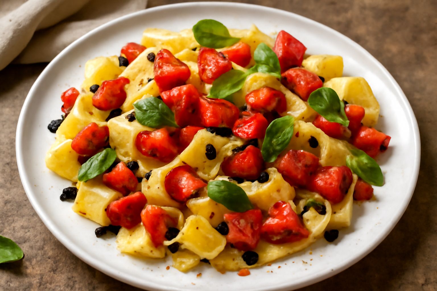 Piatto bianco con pappardelle larghe dorate, coperte di fragole rosse tagliate a dadini, gocce di balsamico scuro, foglie di basilico verde fresco, pepe nero macinato, olio brillante