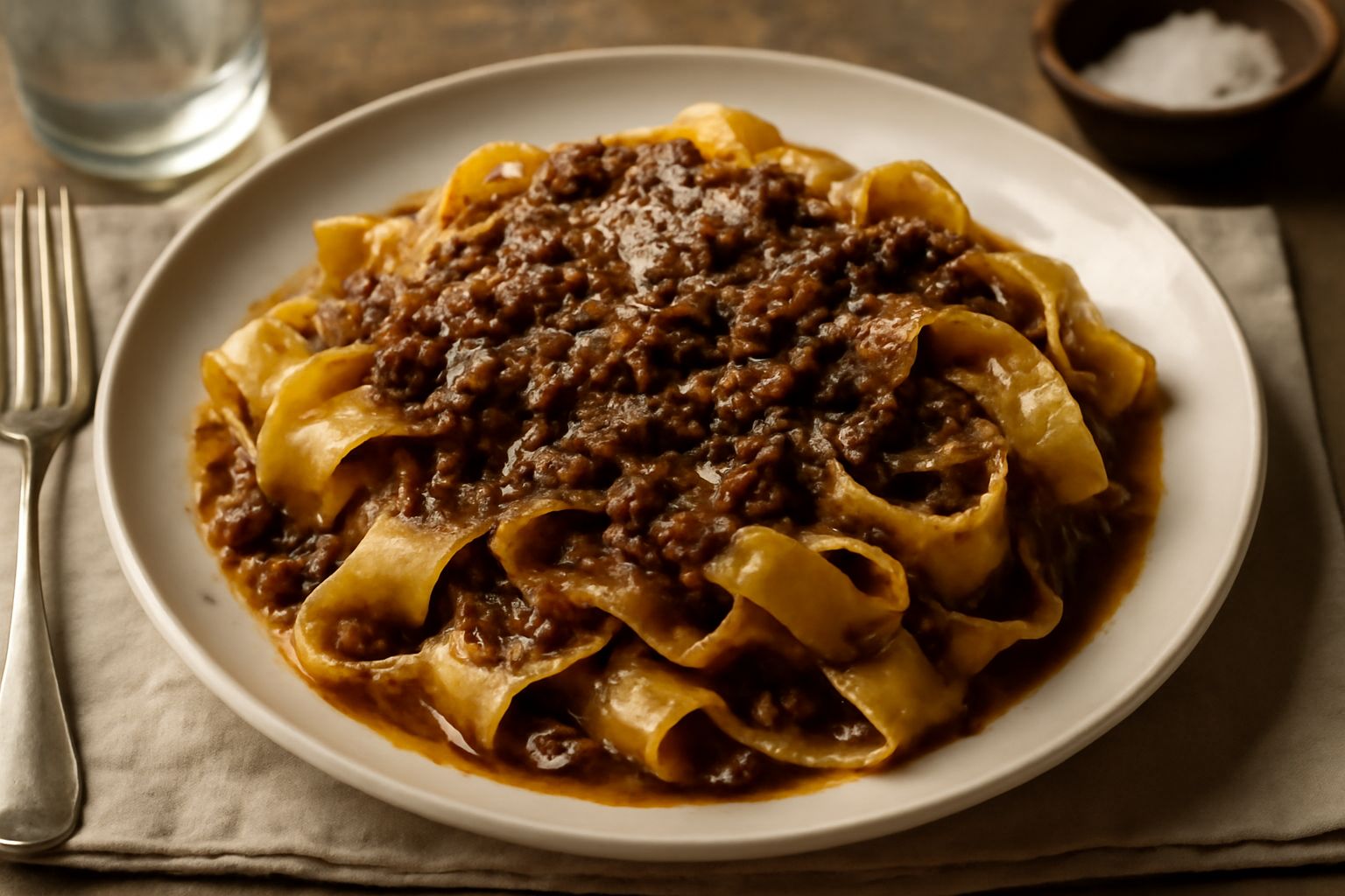 Un piatto di pappardelle larghe condite con ragù scuro di frattaglie, guarnito con pecorino grattugiato bianco e prezzemolo fresco verde, su un fondo di piatto bianco