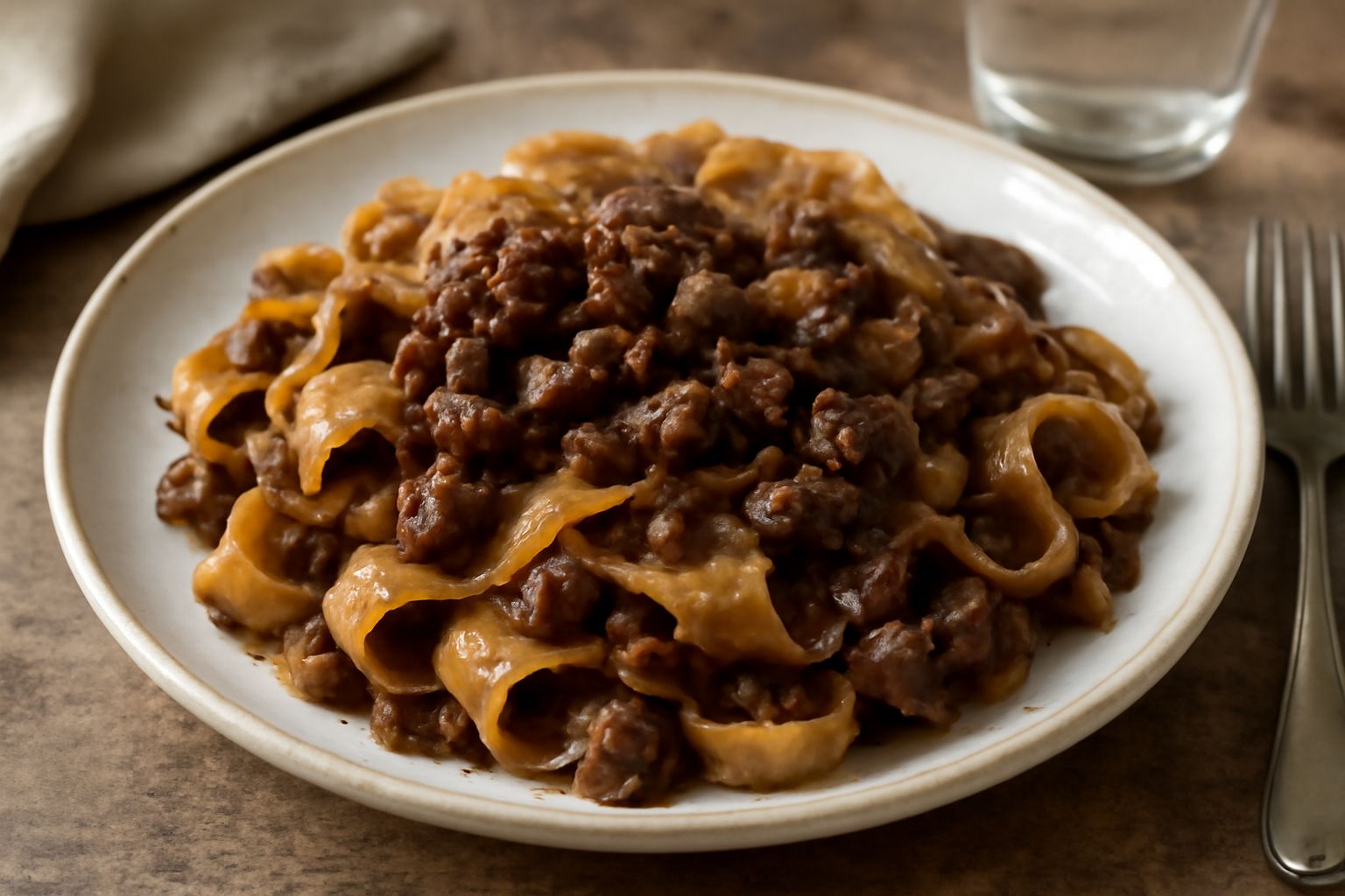 Pappardelle larghe color ambra ricoperte di ragù scuro con rigaglie, servite in piatto bianco con una grattugia di formaggio grattugiato e prezzemolo verde