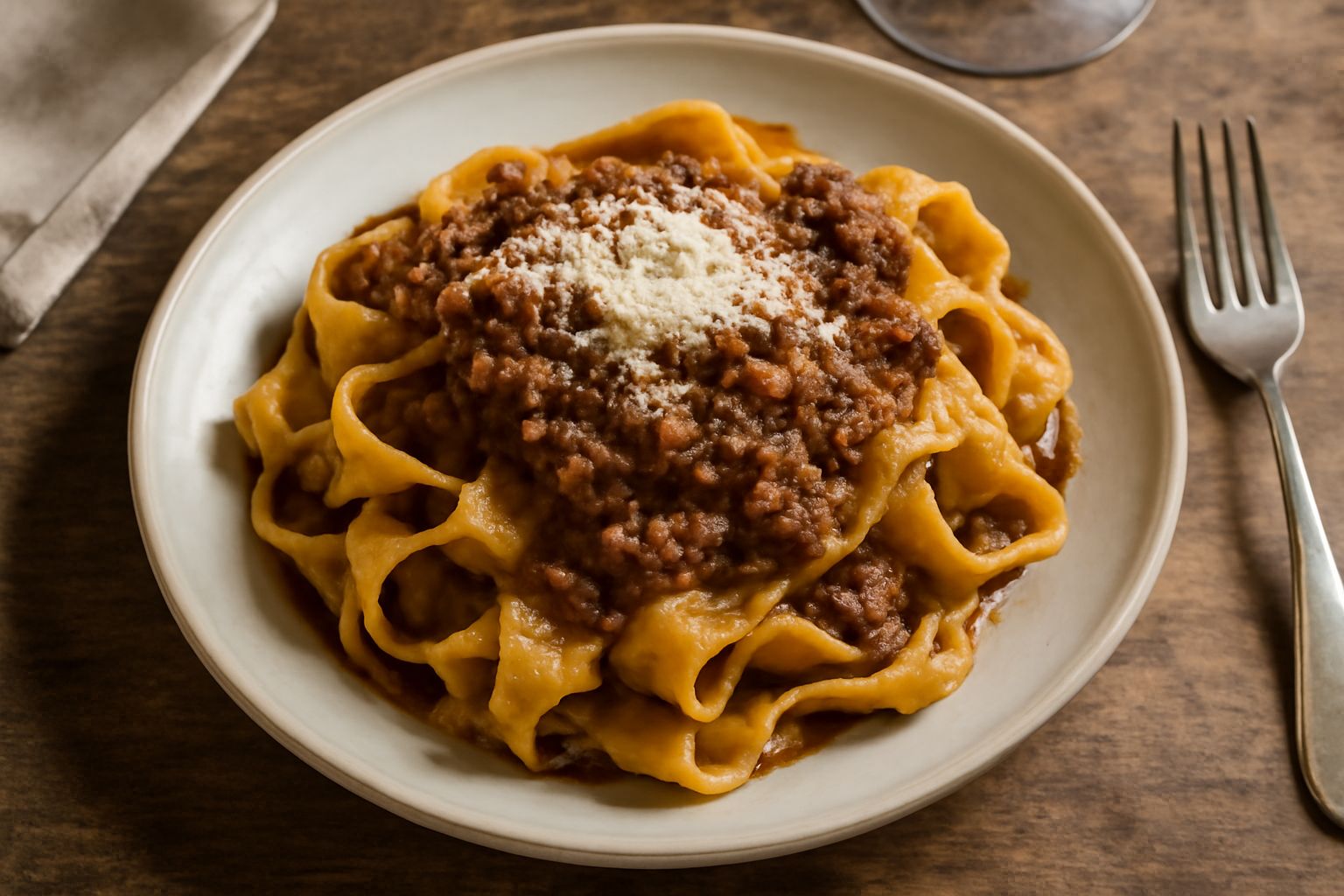 Pappardelle larghe e ondulate con ragù marrone scuro e denso, coperte di formaggio grattugiato, su un piatto bianco, con un bicchiere di vino rosso di lato